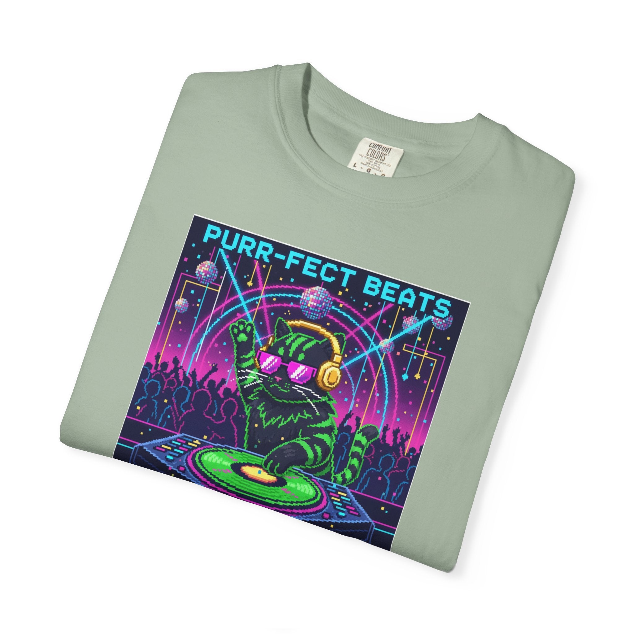 Purr-fect Beats Rave Feline DJ cat T-shirt | Neon EDM club design