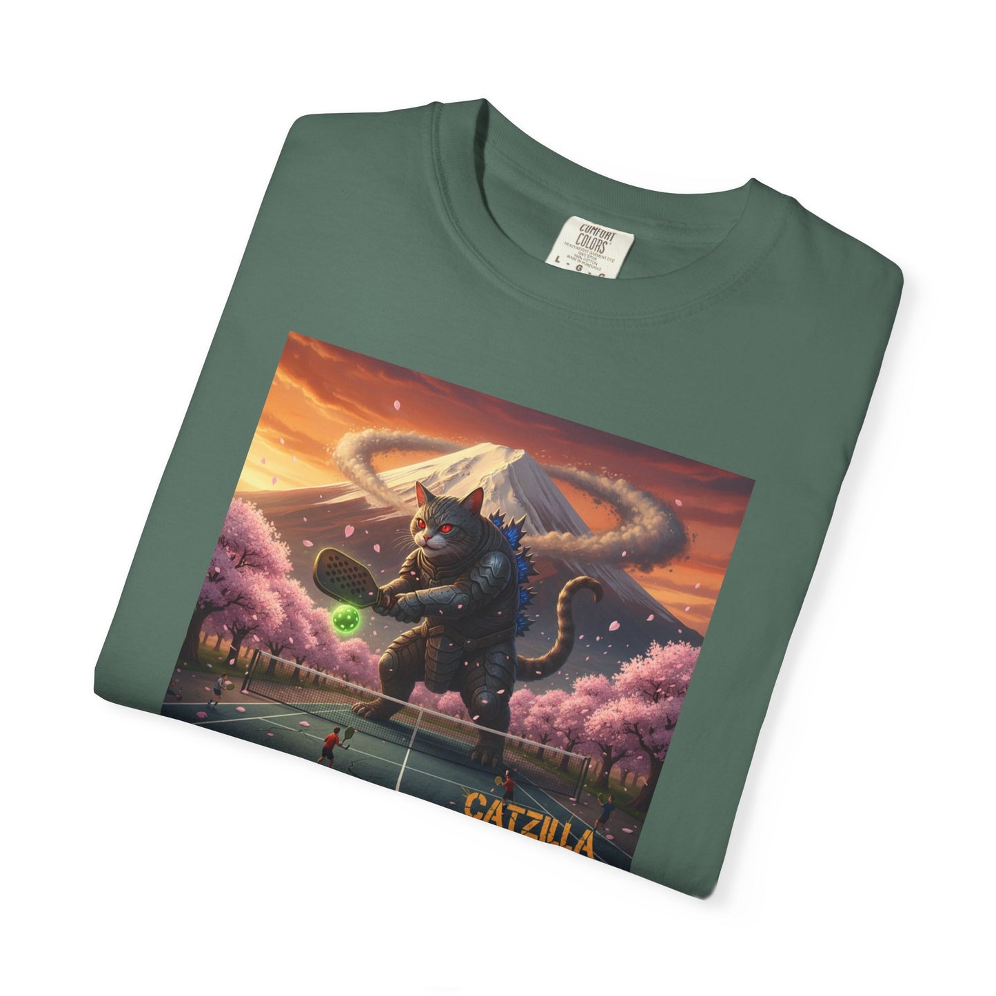 Catzilla Pickleball Destroyer T-shirt | Kaiju Cat Samurai, Mount Fuji Cherry Blossoms
