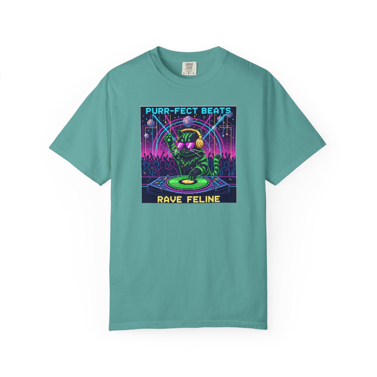 Purr-fect Beats Rave Feline DJ cat T-shirt | Neon EDM club design