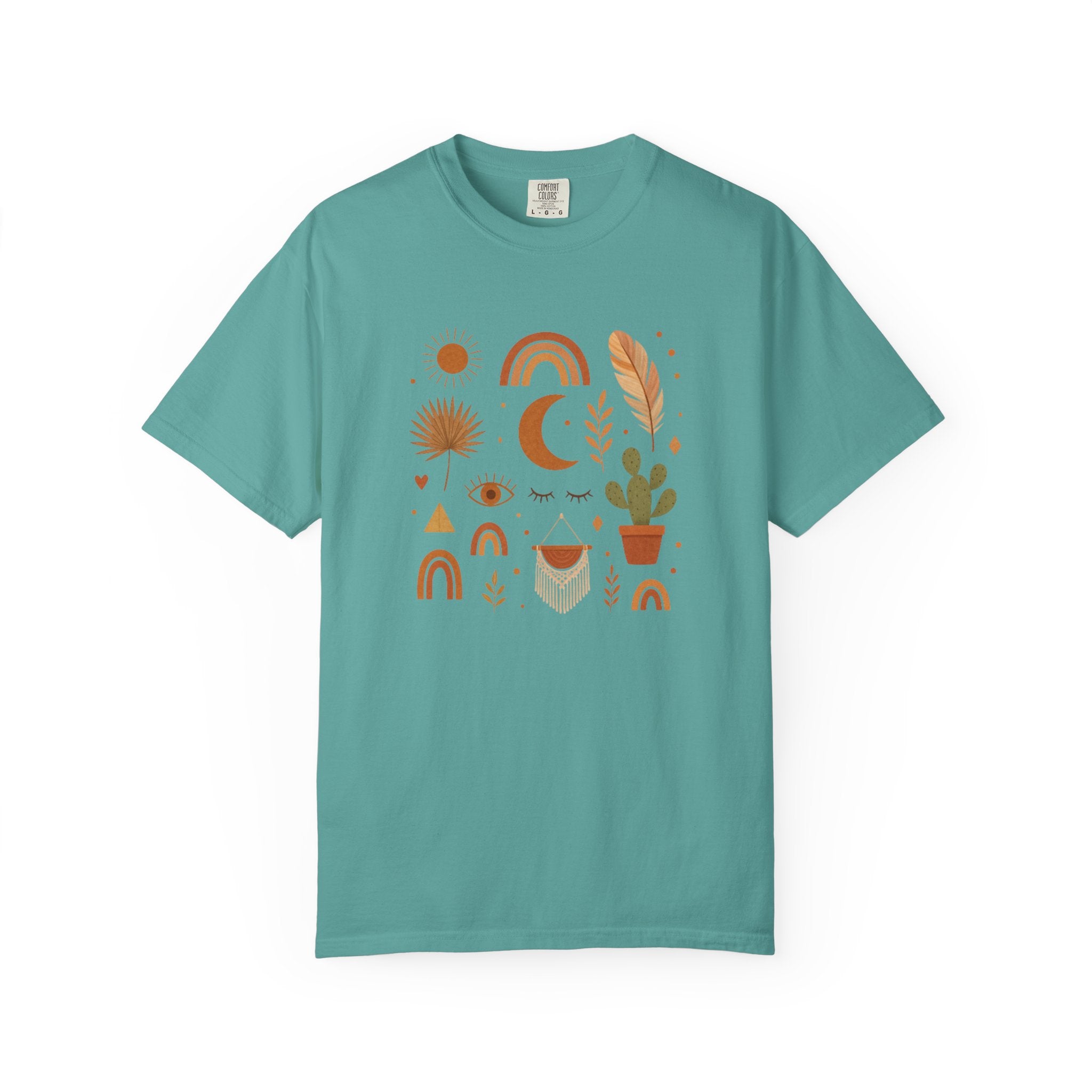 Boho Icons Mosaic T-Shirt | Crescent Moon Cactus Rainbows