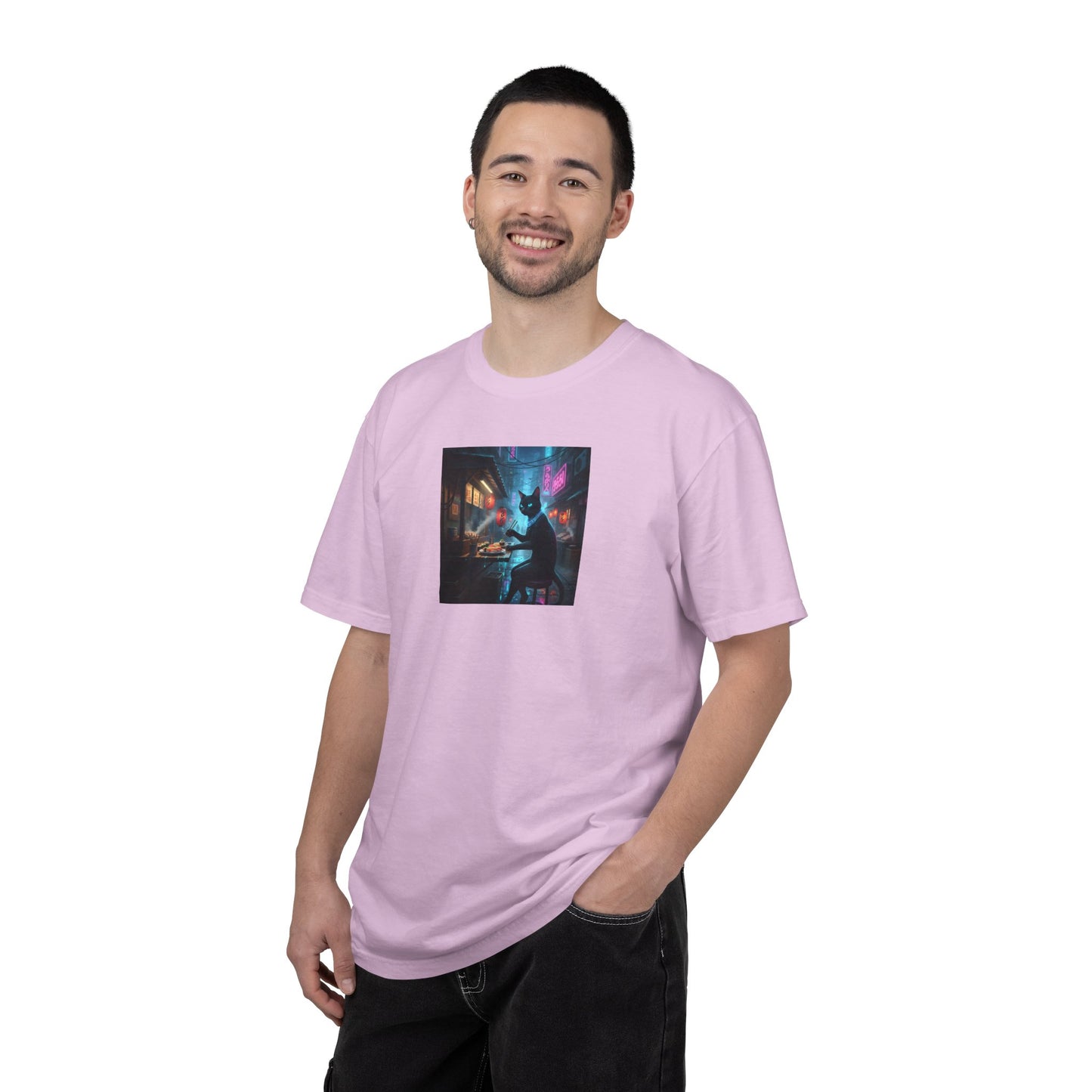 Cyberpunk Cat Sushi T-shirt | Neon Japan Noir