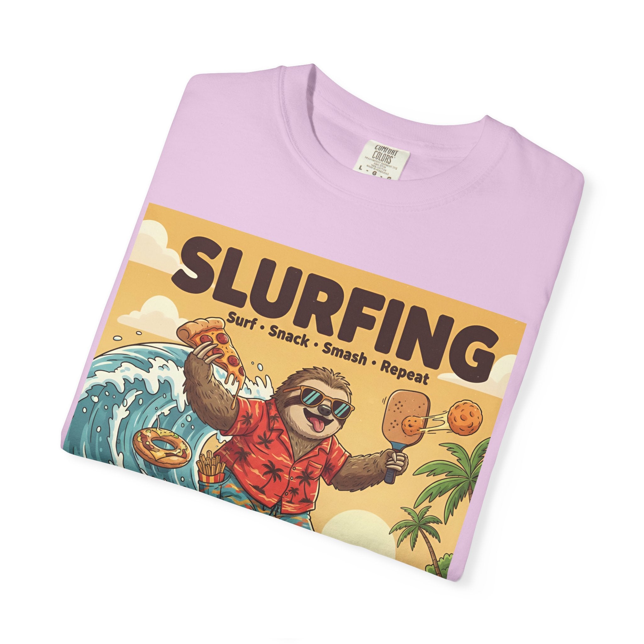 Slurfing Surfing Sloth T-Shirt | Retro Beach Wave Illustration