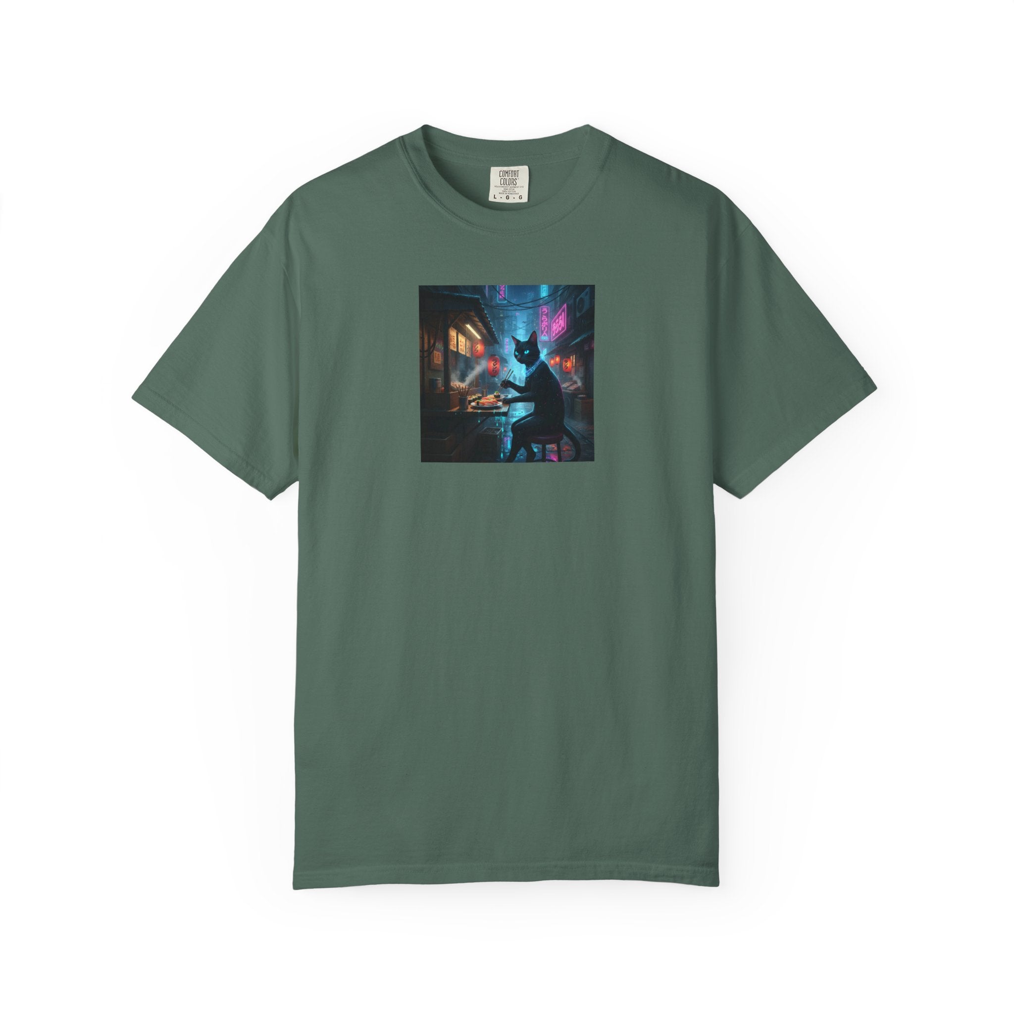 Cyberpunk Cat Sushi T-shirt | Neon Japan Noir