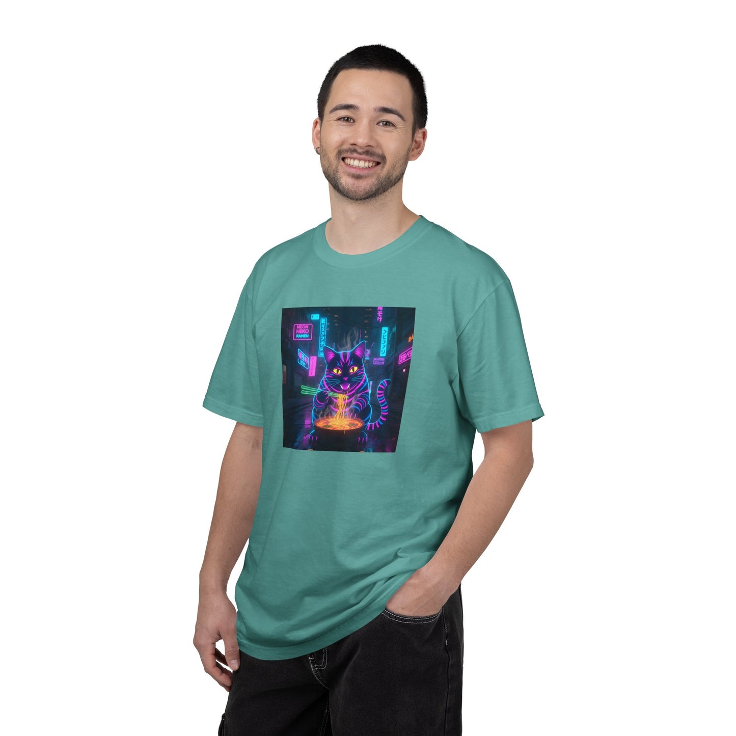 Neon Cyberpunk Cat Mystic Bowl T-shirt | Retro Futuristic Alley Art