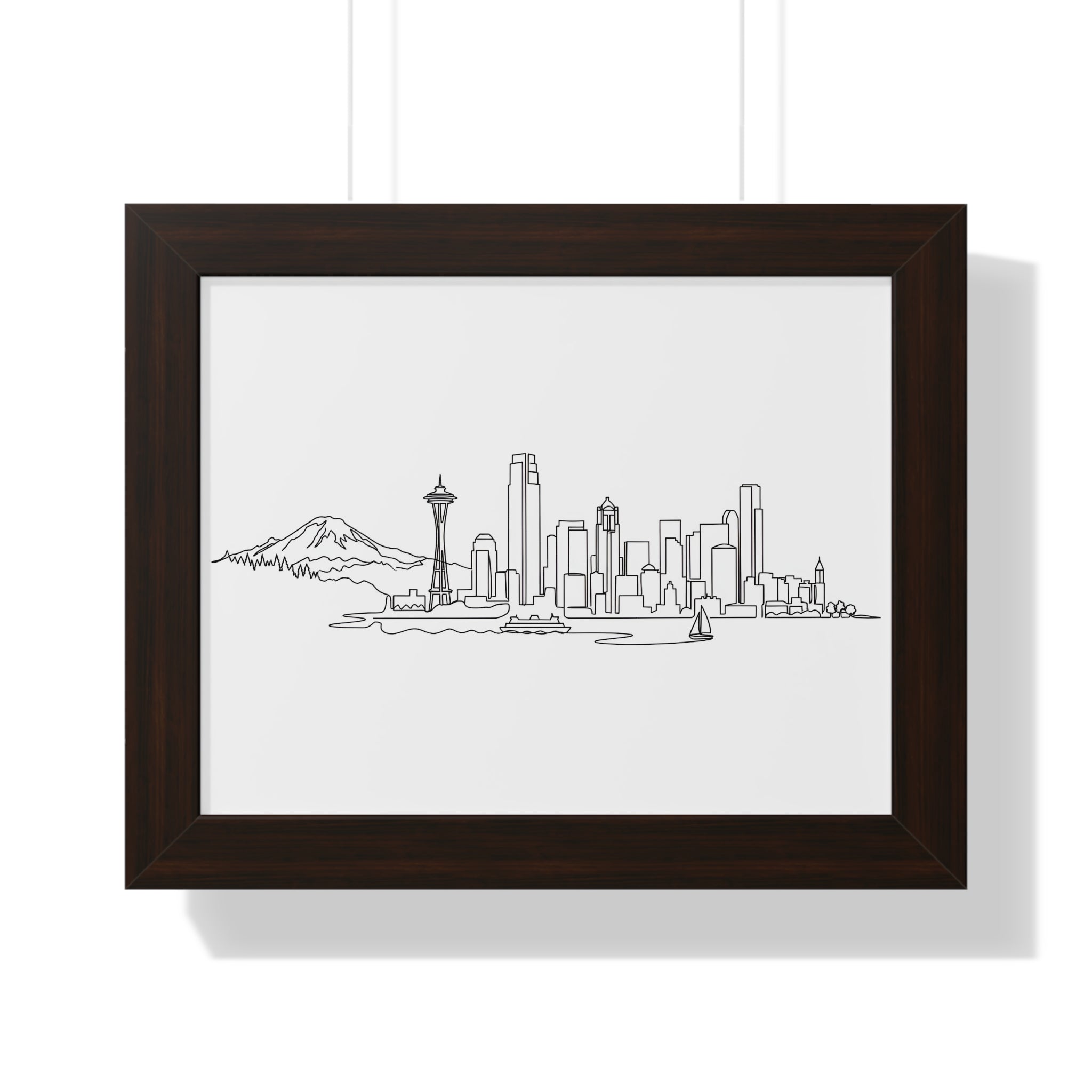 Seattle Emerald City Hand-Drawn Skyline Poster Framed Horizontal