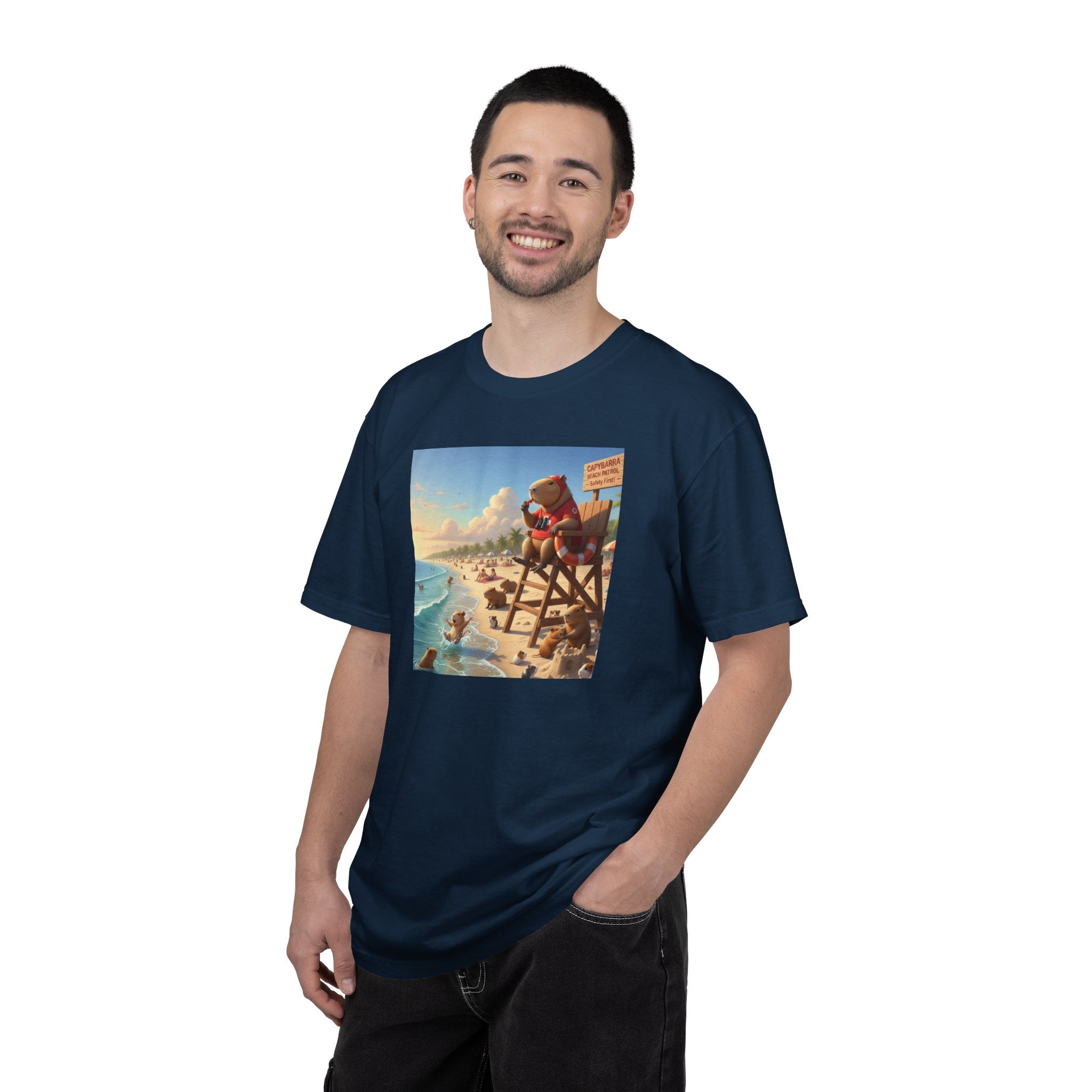 Lifeguard Capybara on Beach T-shirt | Surf Rescue Sunset Scene