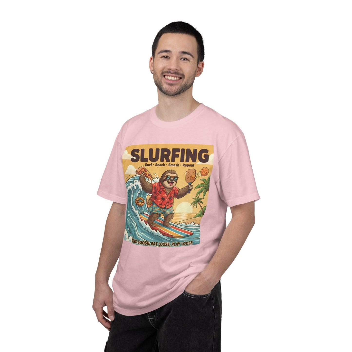 Slurfing Surfing Sloth T-Shirt | Retro Beach Wave Illustration
