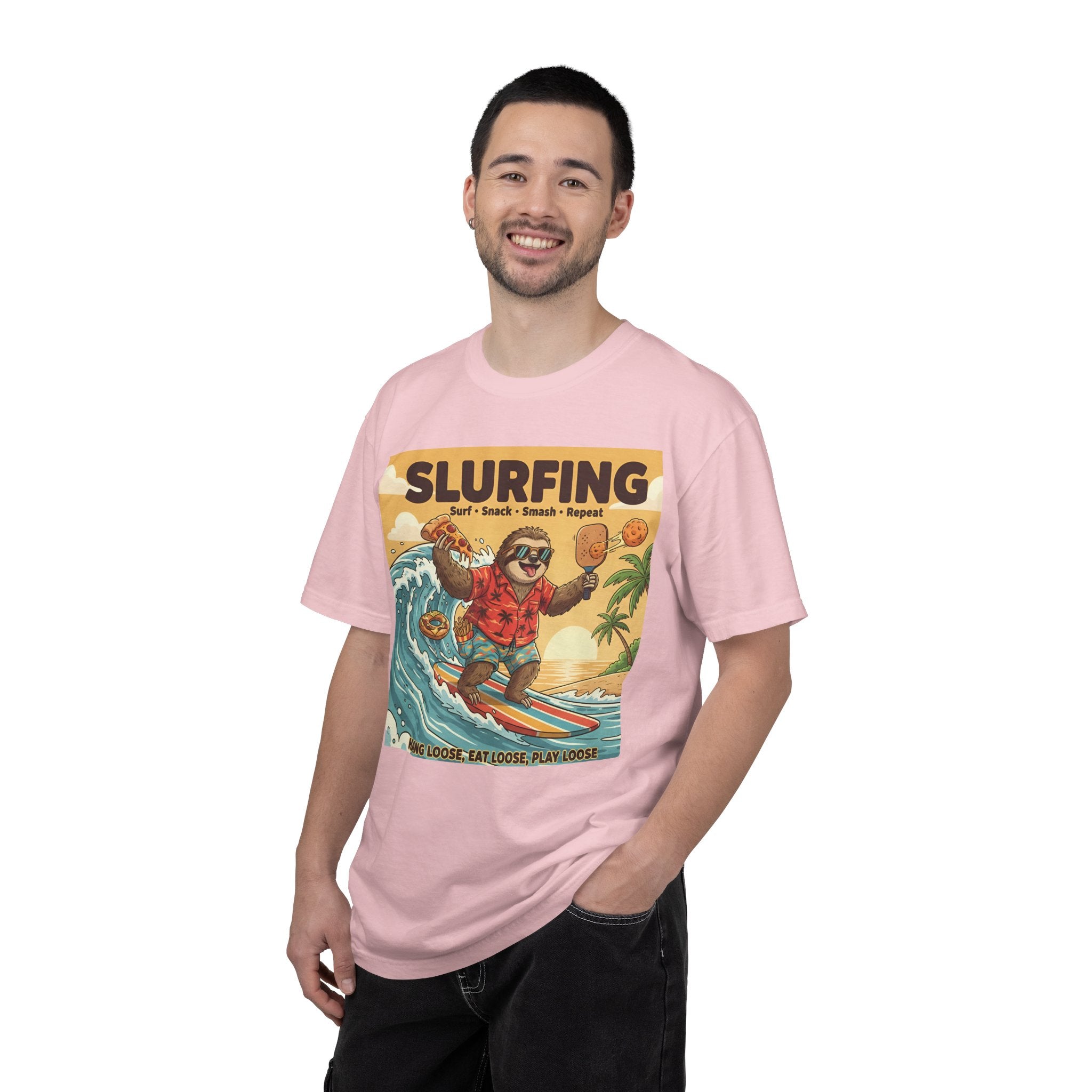 Slurfing Surfing Sloth T-Shirt | Retro Beach Wave Illustration