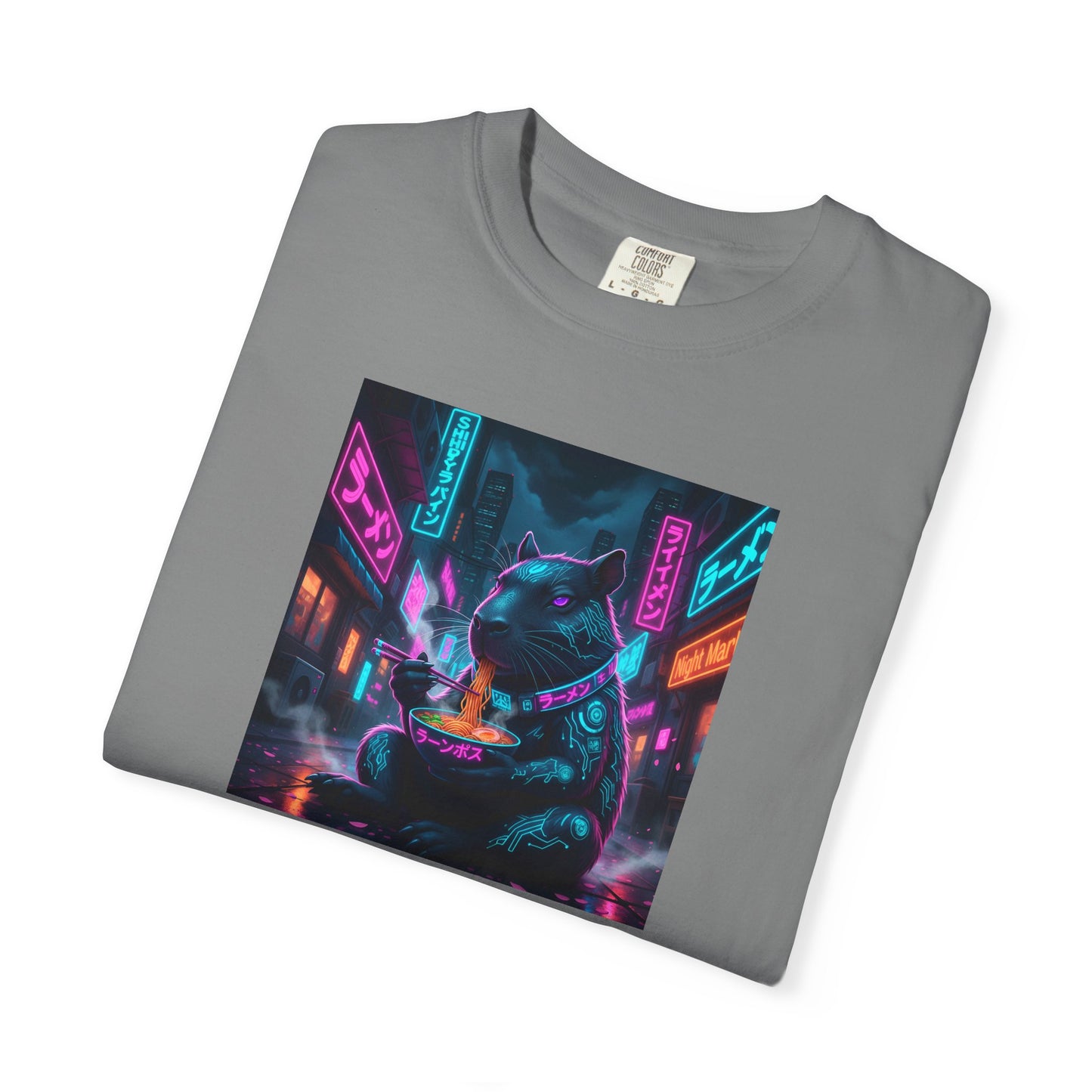 Neon Cyberpunk Capybara Cityscape T-Shirt | Futuristic Night Street Art