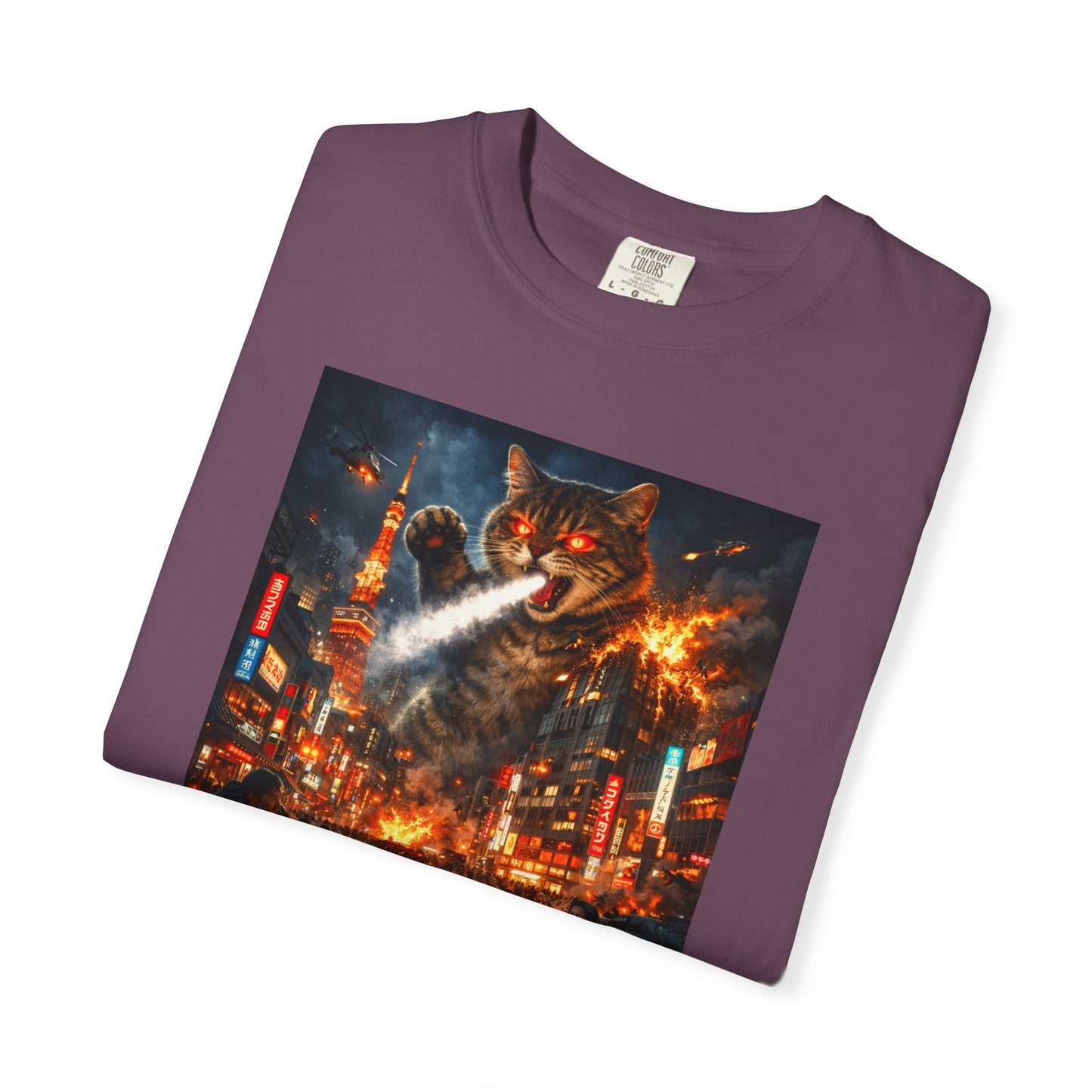 Giant Catzilla Kaiju Rampage T-Shirt | Neon City Monster Battle