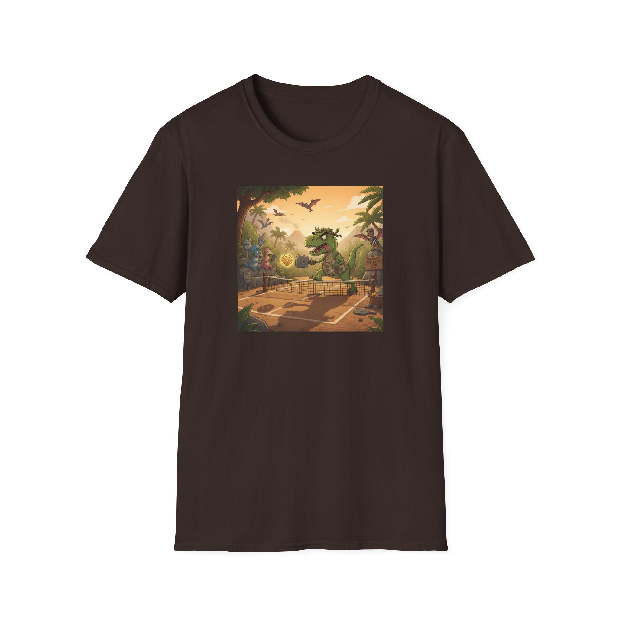 Jurassic Pickleball Club | Retro Tropical Dino Illustration T-Shirt