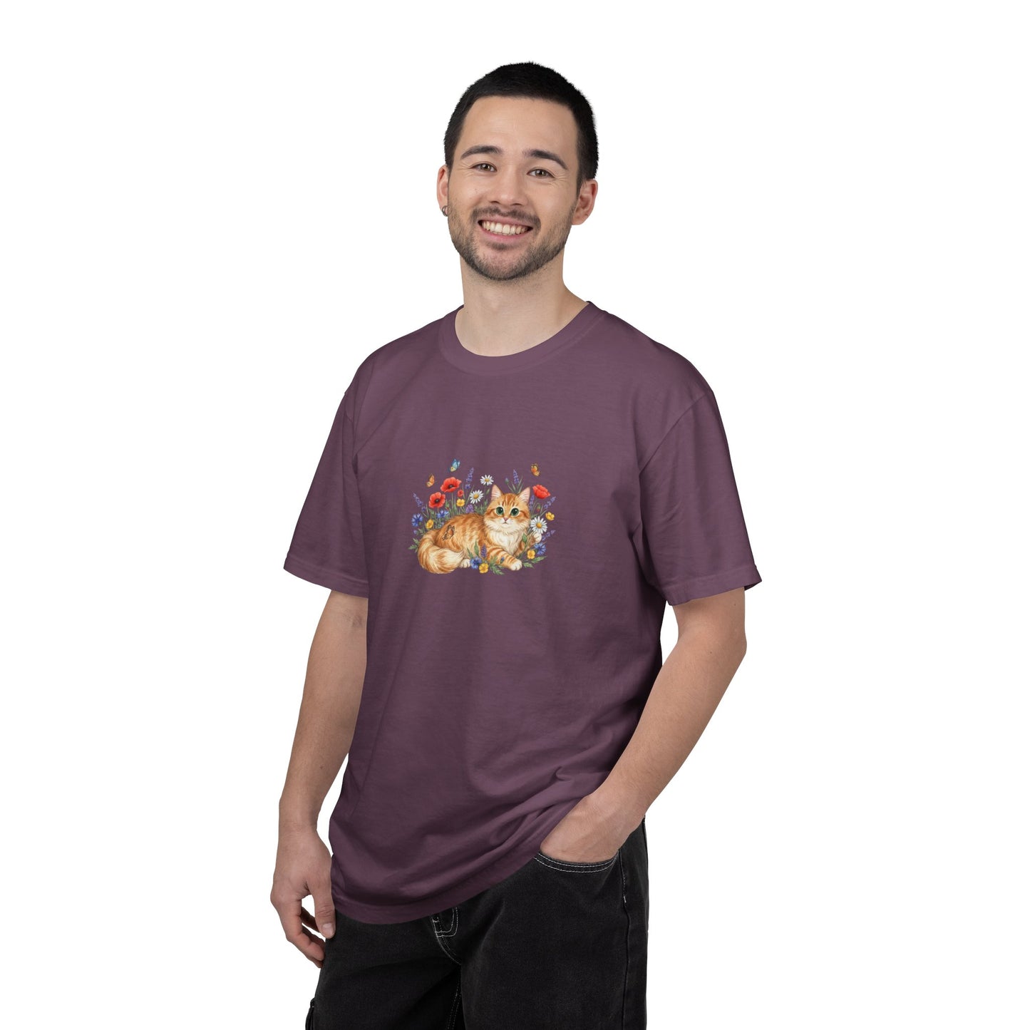 Orange Tabby Cat with Wildflowers T-Shirt | Floral Cat Tee