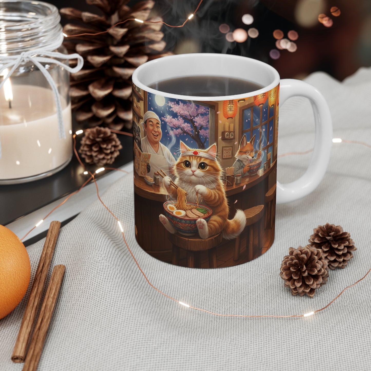 Cozy Cat Ramen Shop Mug | Cute Cat Eating Ramen Ceramic Mug