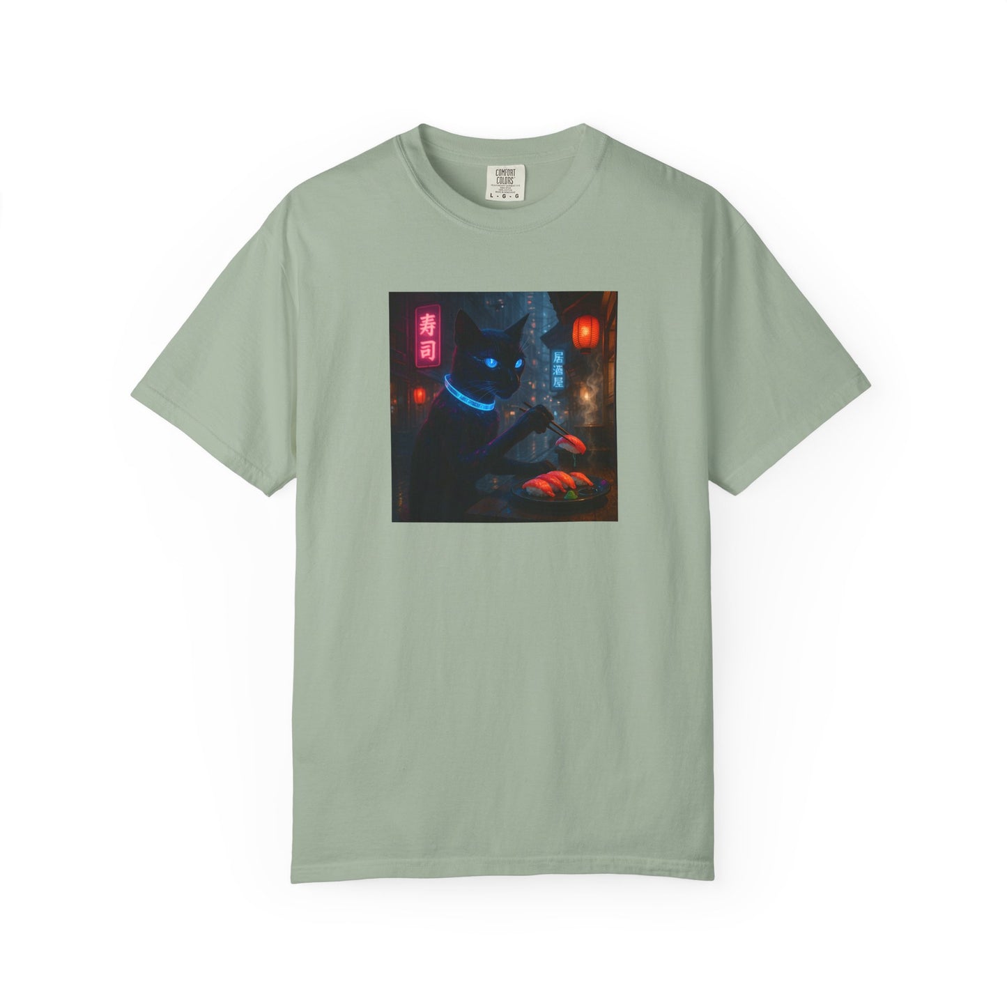 Neon Cyber Cat Sushi Shibuya T-shirt | Dark Alley Japanese Streetwear