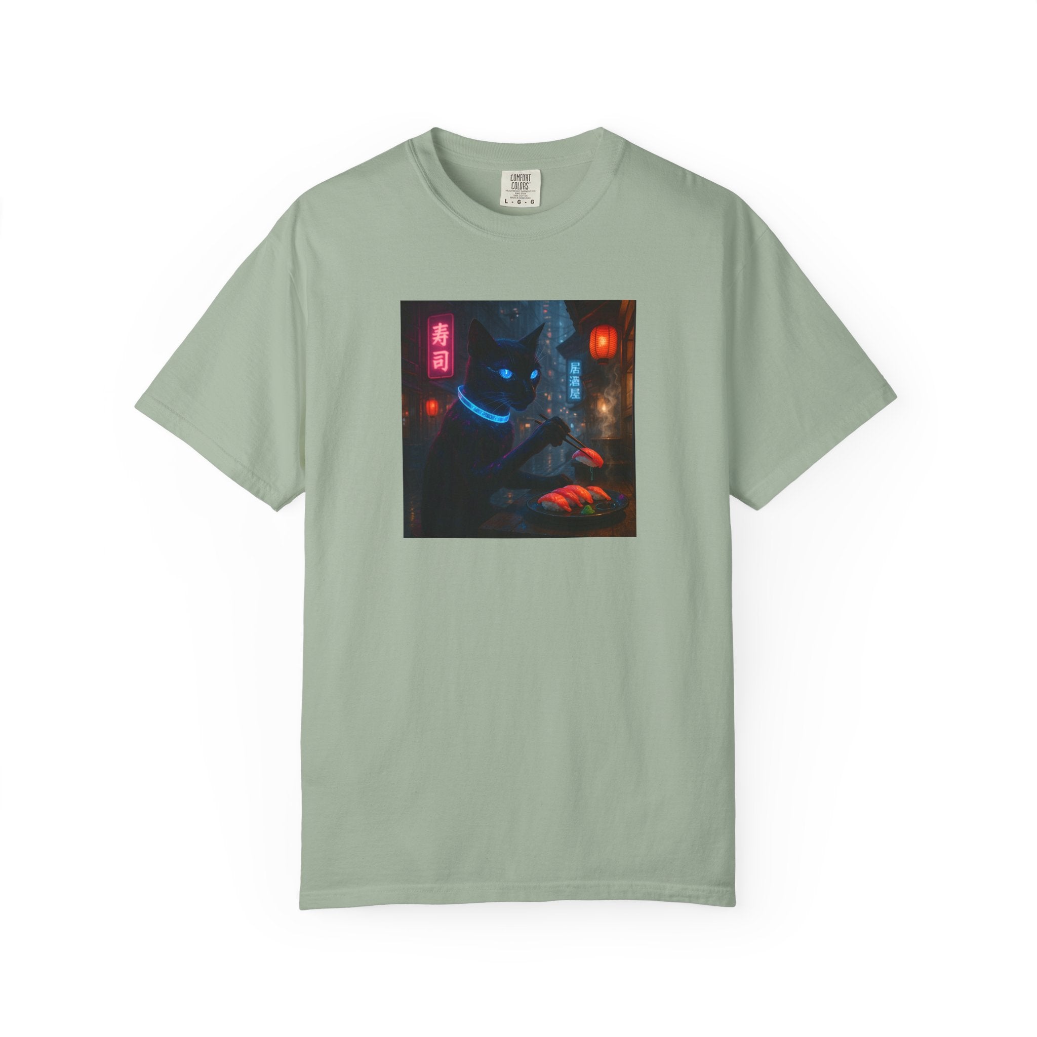Neon Cyber Cat Sushi Shibuya T-shirt | Dark Alley Japanese Streetwear