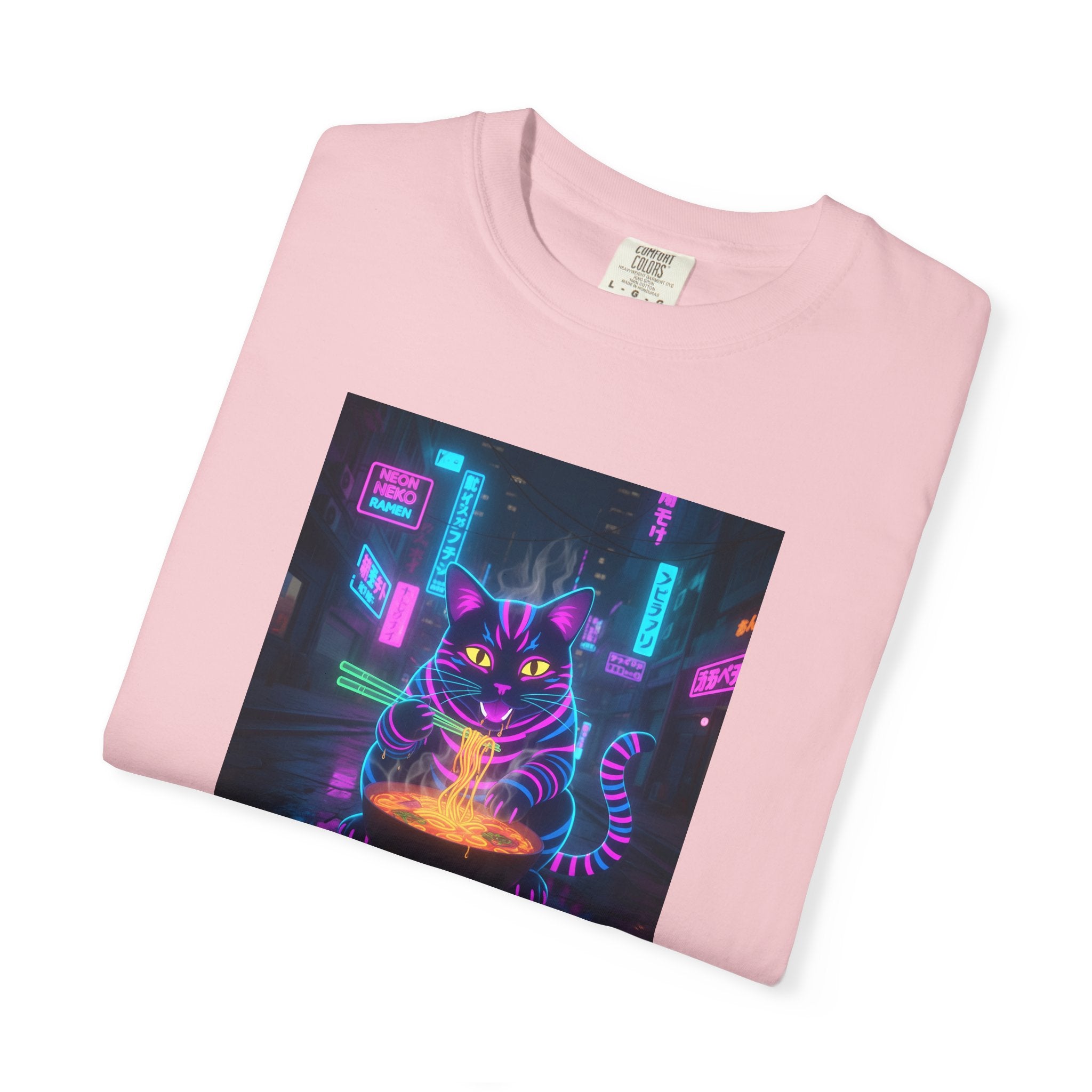 Neon Cyberpunk Cat Mystic Bowl T-shirt | Retro Futuristic Alley Art