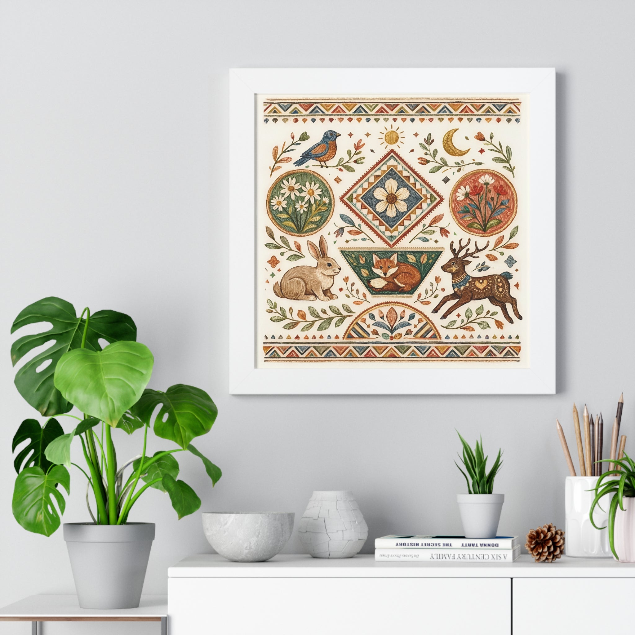 Folk Floral Deer Rabbit Bird Framed Horizontal Poster | Botanical Animal Artwork