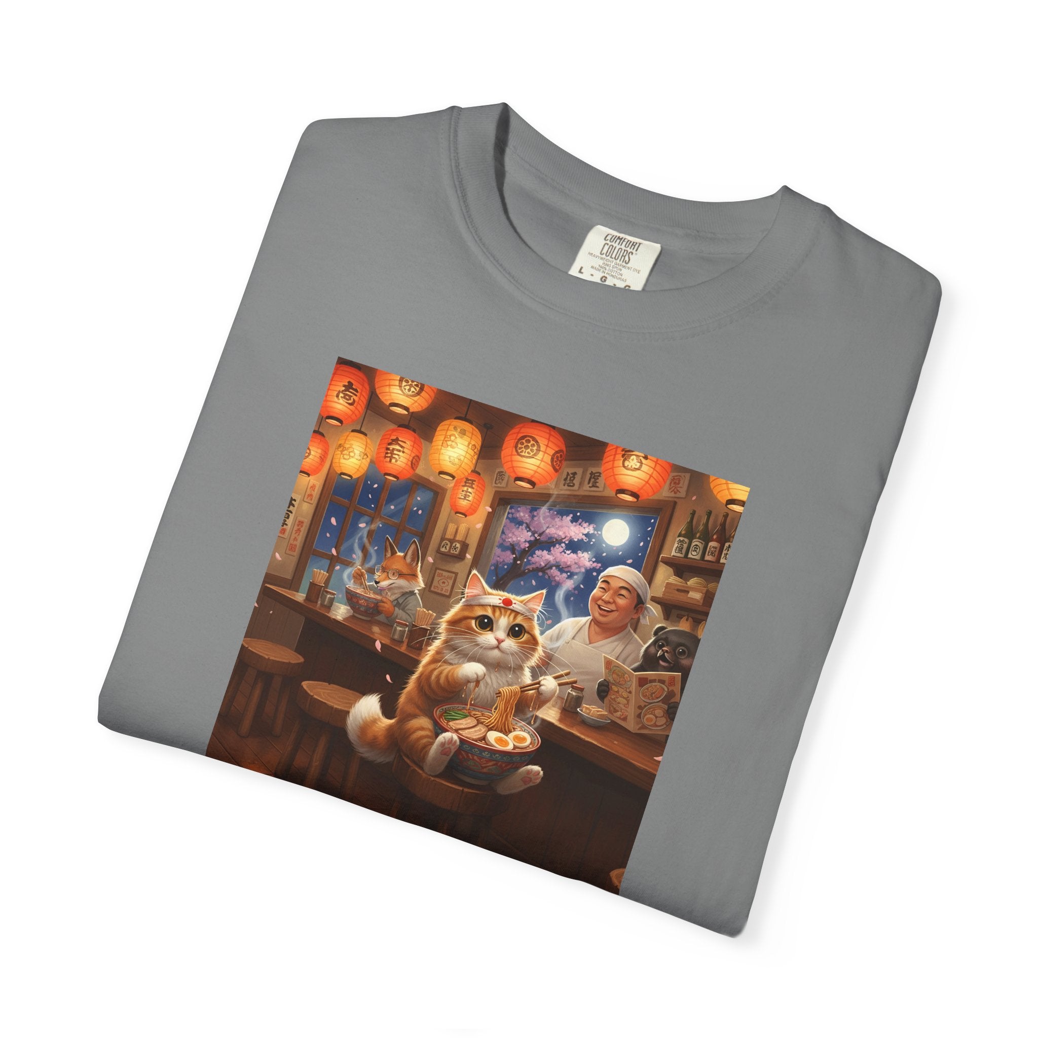 Whiskers and the Wondrous Noodles Cat Bar Ramen Scene T-shirt | Cozy Pub Cat Illustration