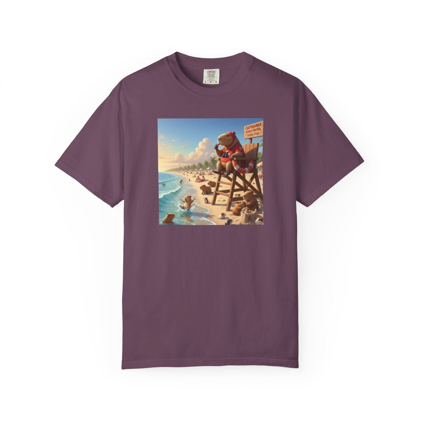 Lifeguard Capybara on Beach T-shirt | Surf Rescue Sunset Scene