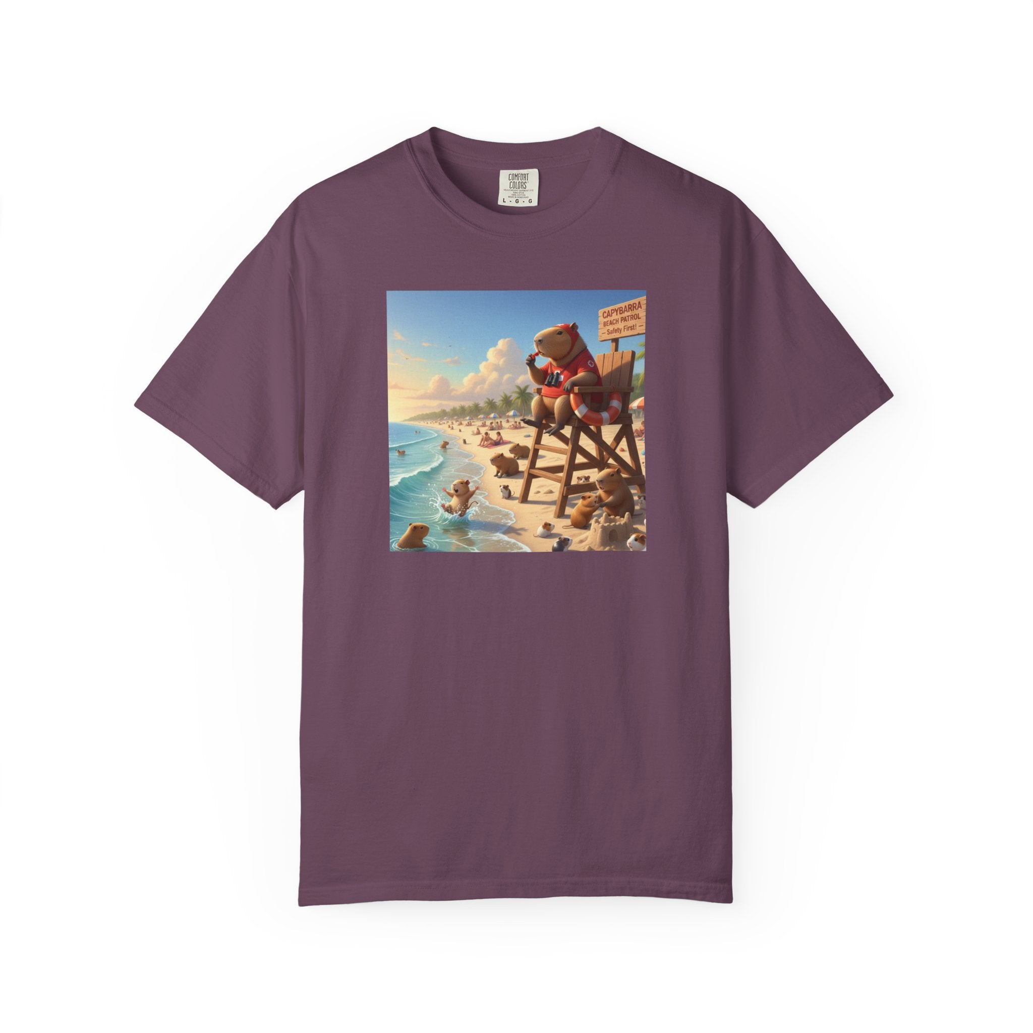 Lifeguard Capybara on Beach T-shirt | Surf Rescue Sunset Scene