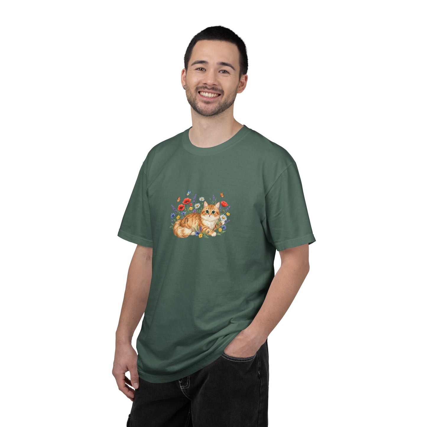 Orange Tabby Cat with Wildflowers T-Shirt | Floral Cat Tee