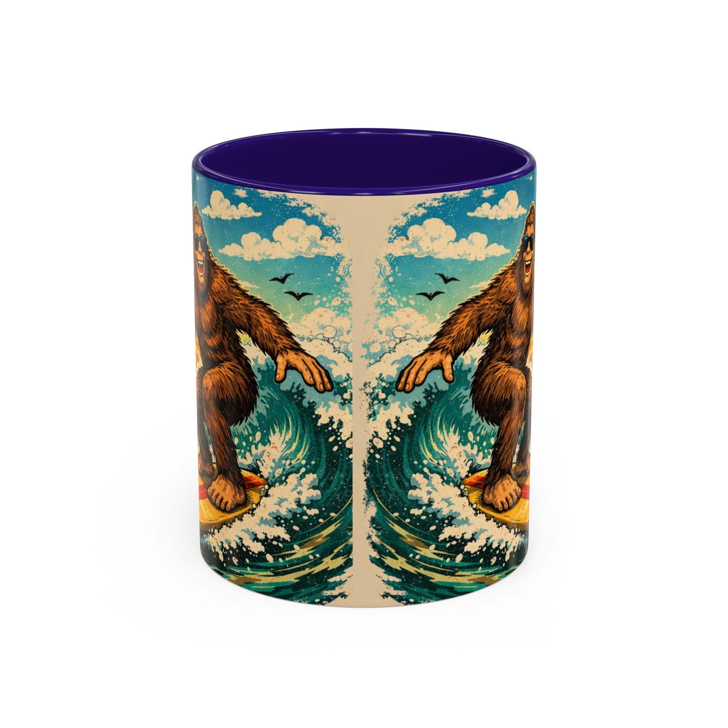 Surfing Bigfoot Mug | Retro Beach Sunset Bigfoot Wave Coffee Cup