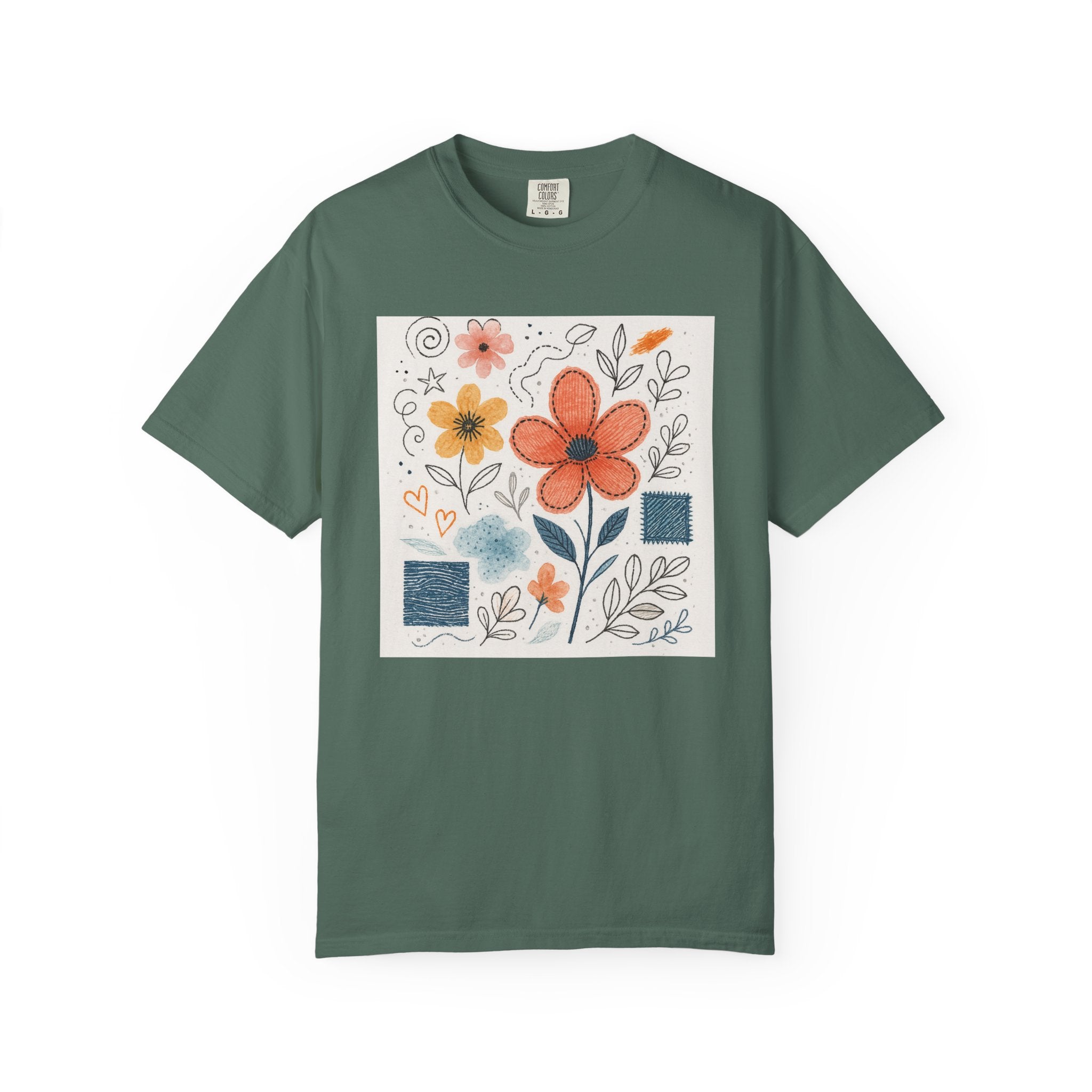 Hand-drawn Watercolor Floral Doodles T-shirt | Linocut & Embroidery Texture