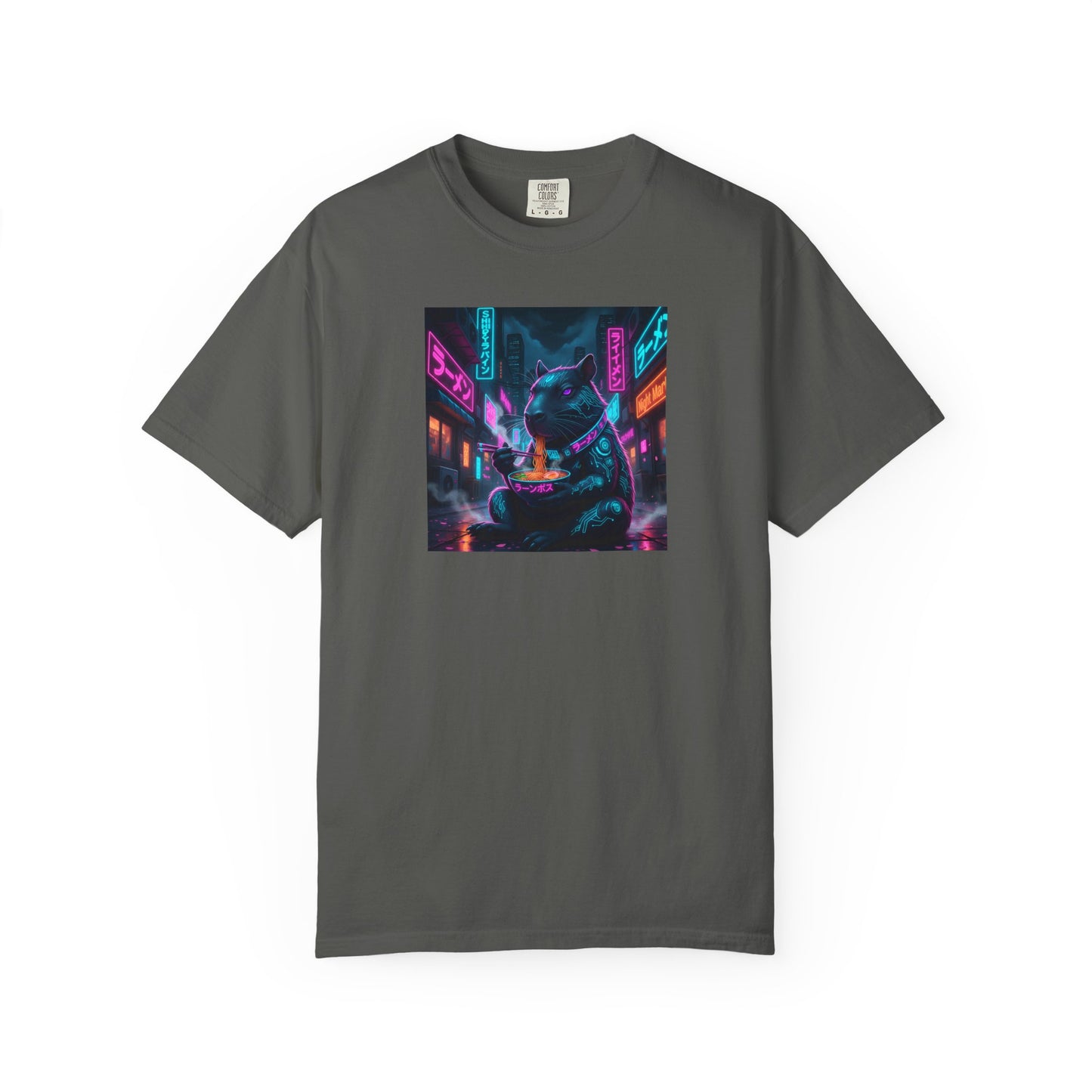 Neon Cyberpunk Capybara Cityscape T-Shirt | Futuristic Night Street Art