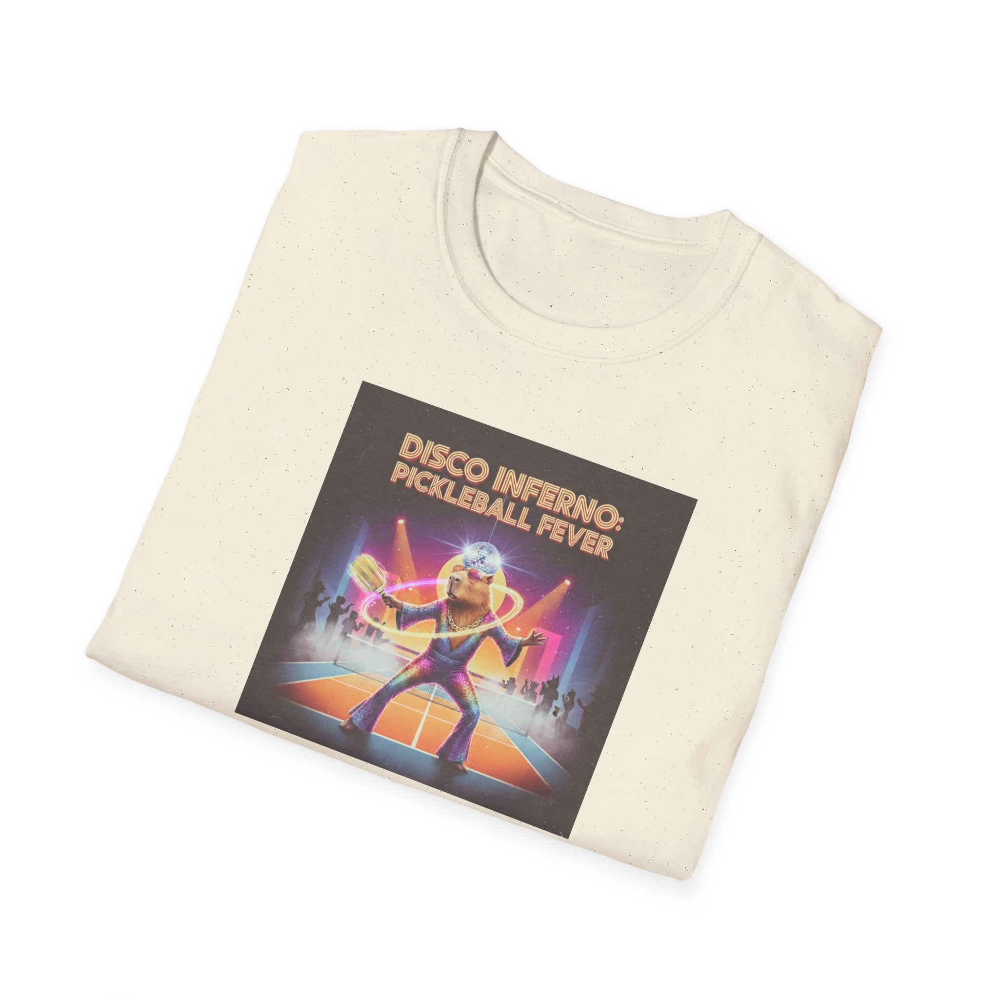 Disco Inferno Capybara Pickleball Fever T-Shirt | Retro 70s Dance Court Graphic