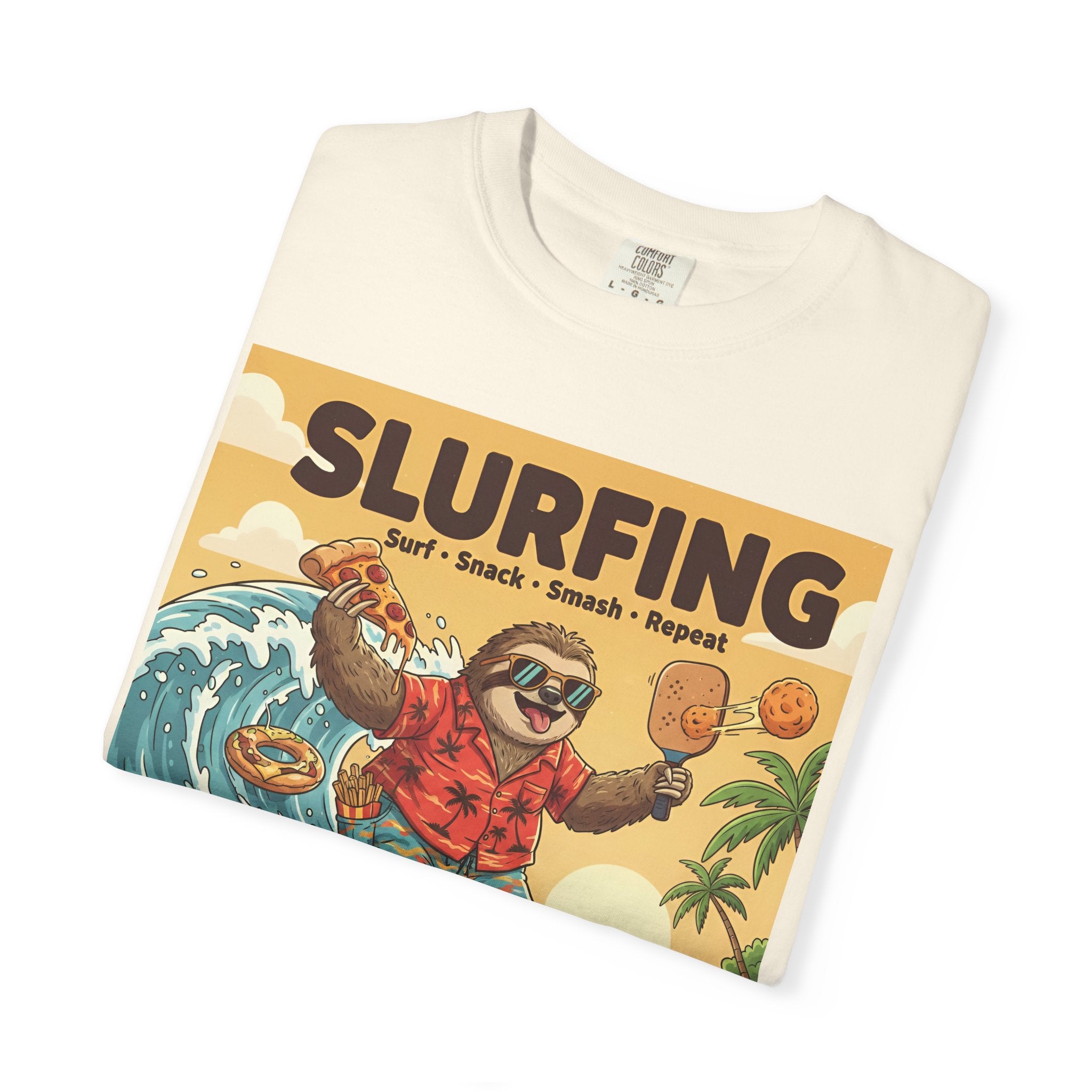 Slurfing Surfing Sloth T-Shirt | Retro Beach Wave Illustration