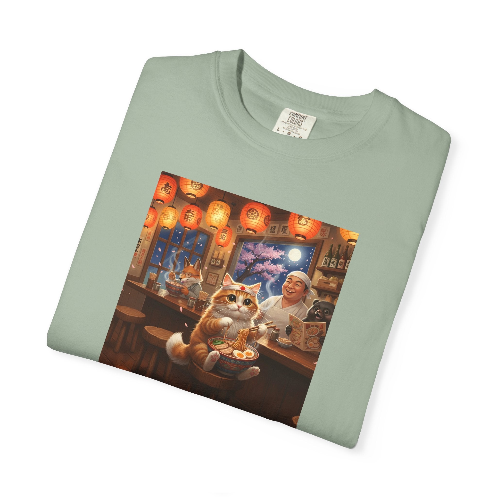 Whiskers and the Wondrous Noodles Cat Bar Ramen Scene T-shirt | Cozy Pub Cat Illustration