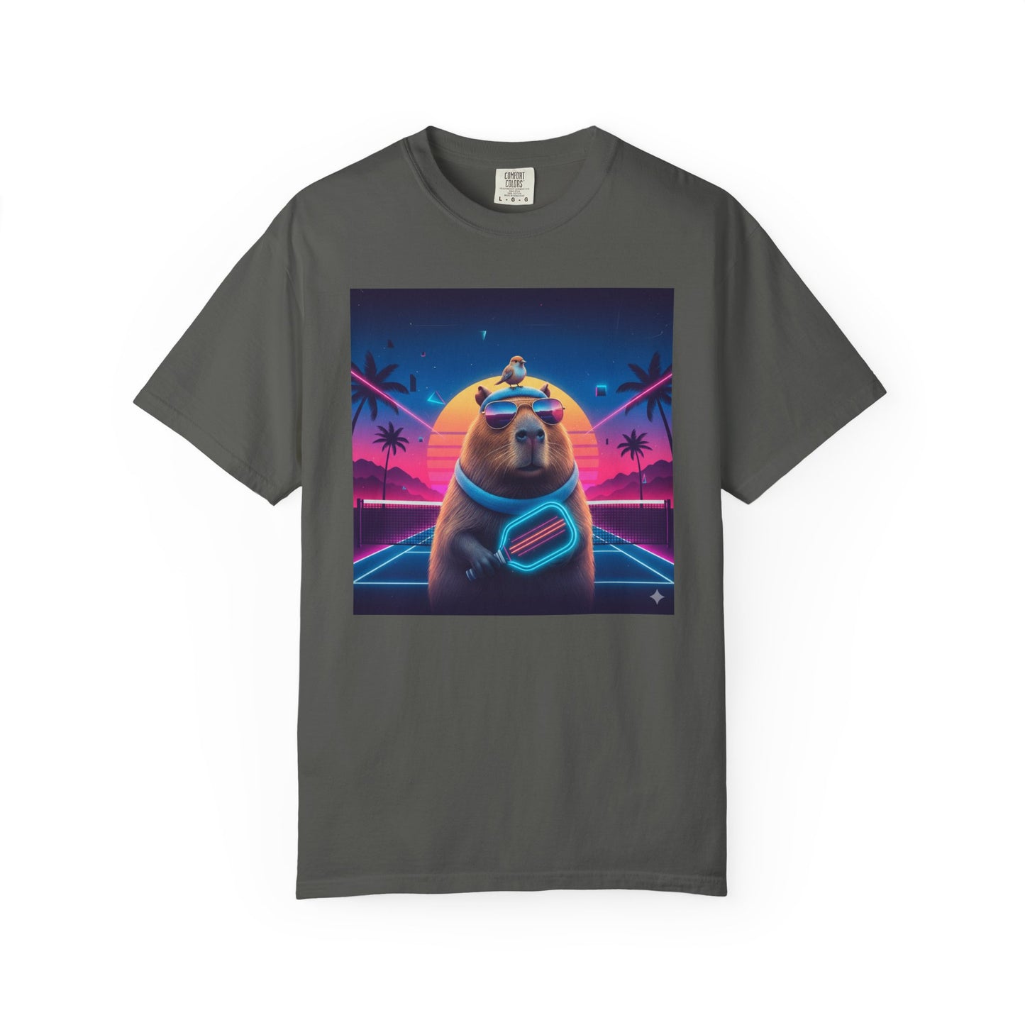 Retro Vaporwave Capybara with Sunglasses T-shirt | Neon Sunset Palm Trees