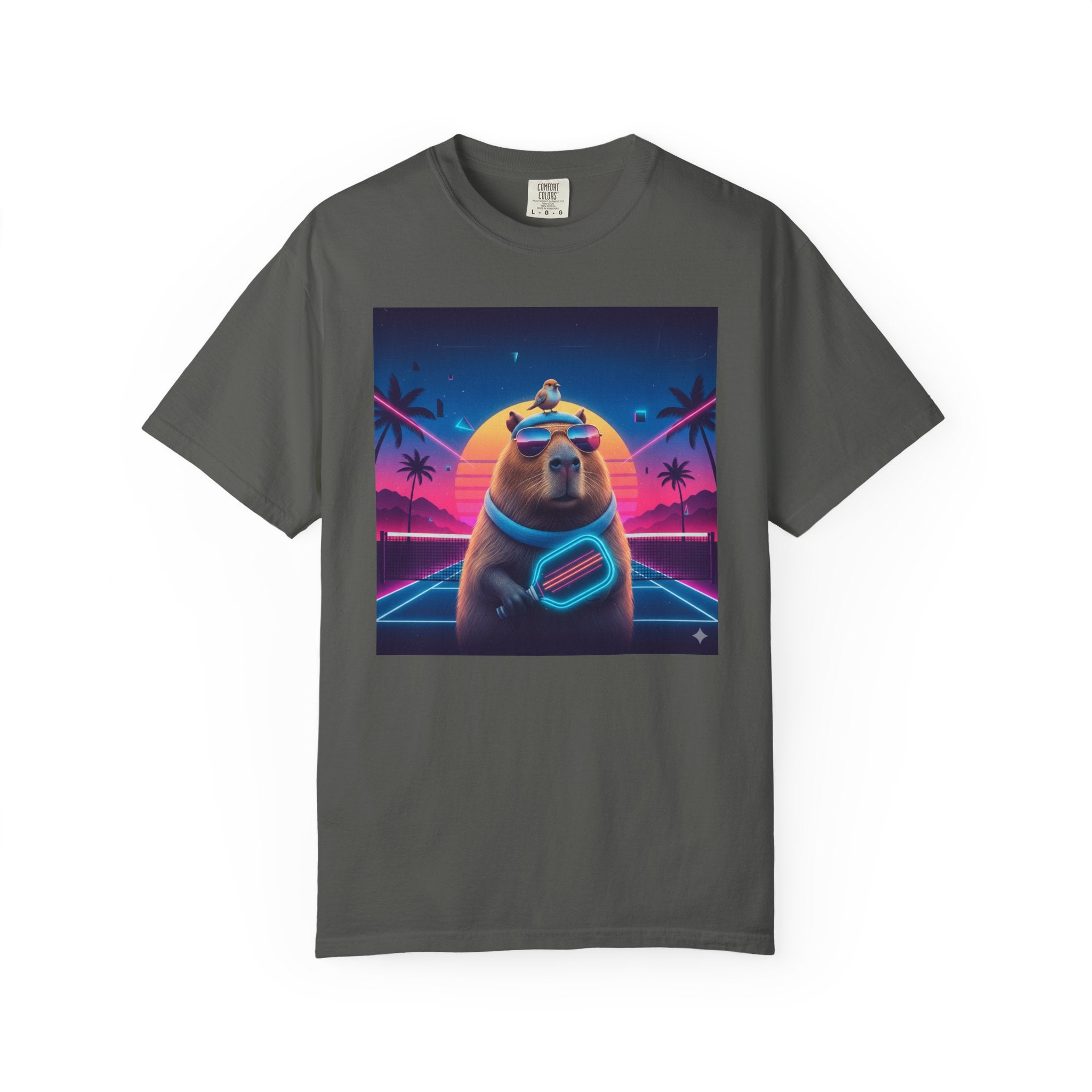 Retro Vaporwave Capybara with Sunglasses T-shirt | Neon Sunset Palm Trees