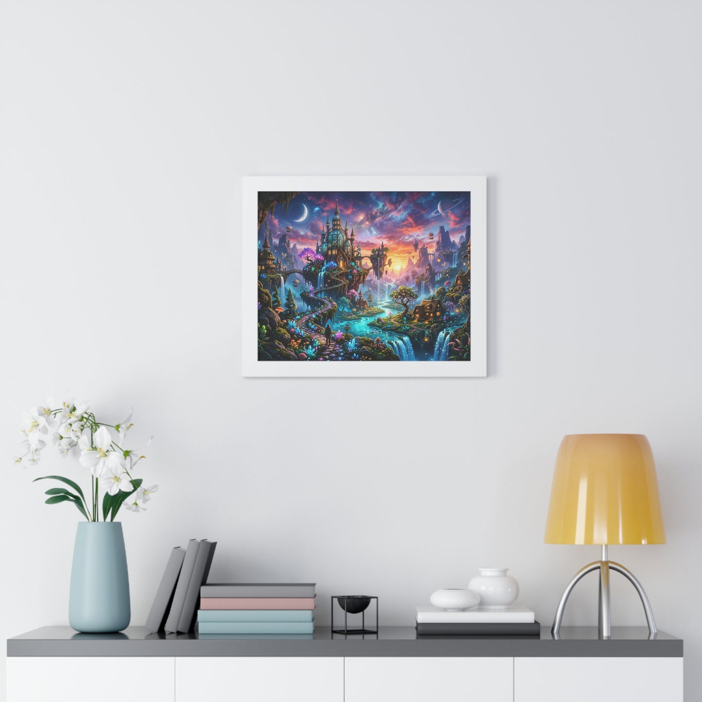 Ethereal Celestial Castle Fantasy Art Print | Dreamy Whimsical Landscape Poster | Vibrant Magical Realm Wall Decor
