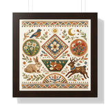 Folk Floral Deer Rabbit Bird Framed Horizontal Poster | Botanical Animal Artwork