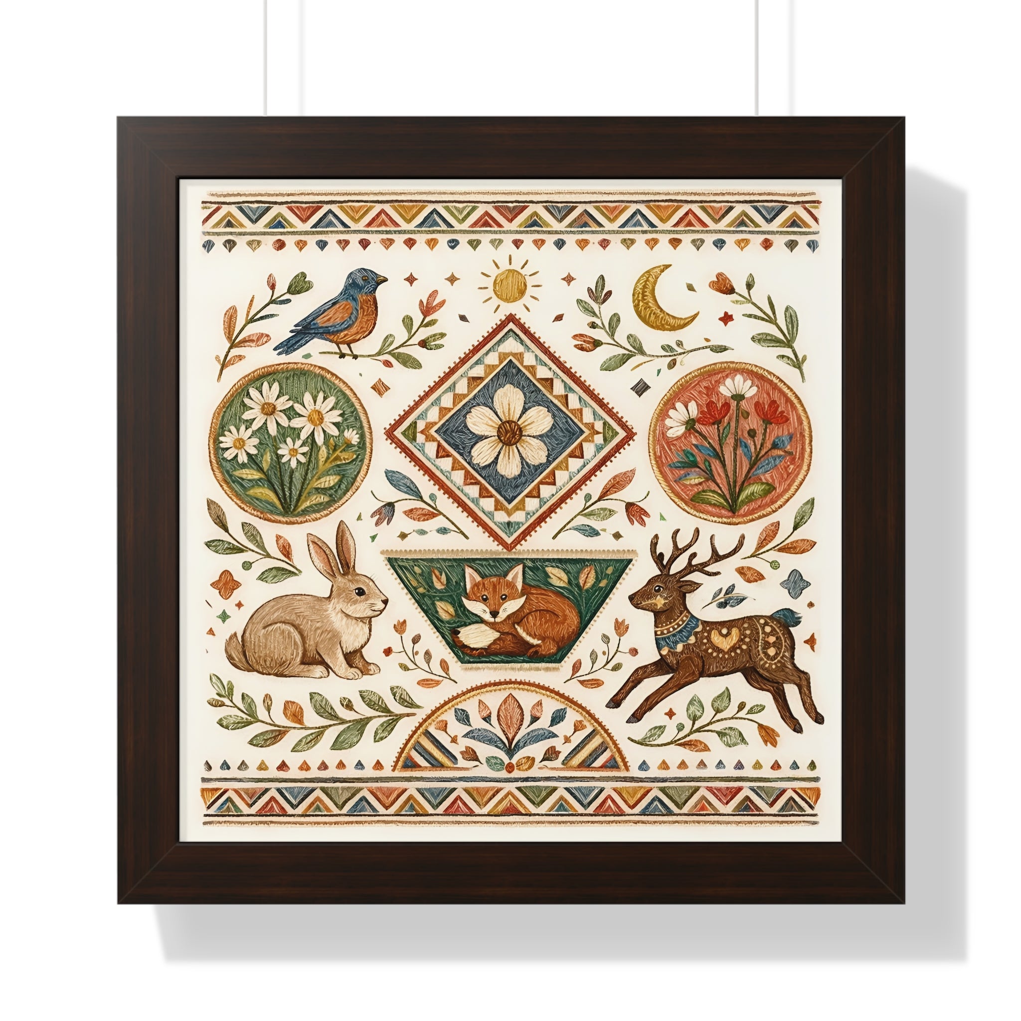 Folk Floral Deer Rabbit Bird Framed Horizontal Poster | Botanical Animal Artwork