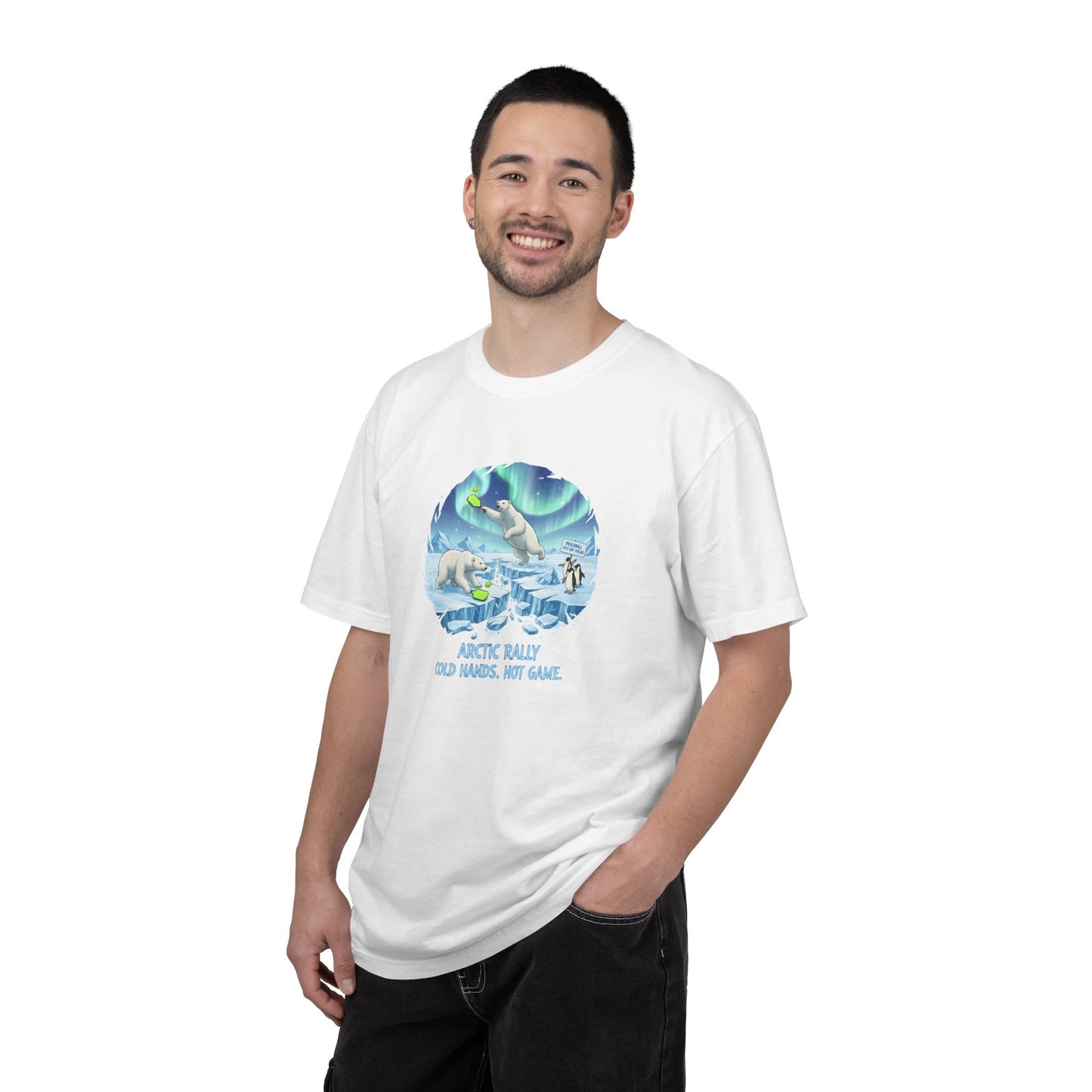 Arctic Rally Polar Bears Playing Pickleball T-Shirt | Northern Lights Illustration