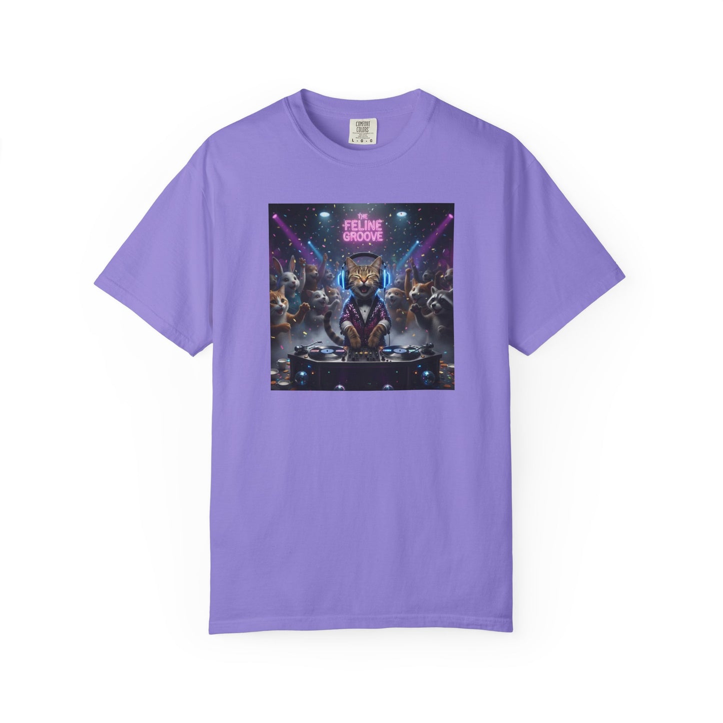Feline Groove DJ Cat Illustration T-Shirt | Retro Neon Club Scene