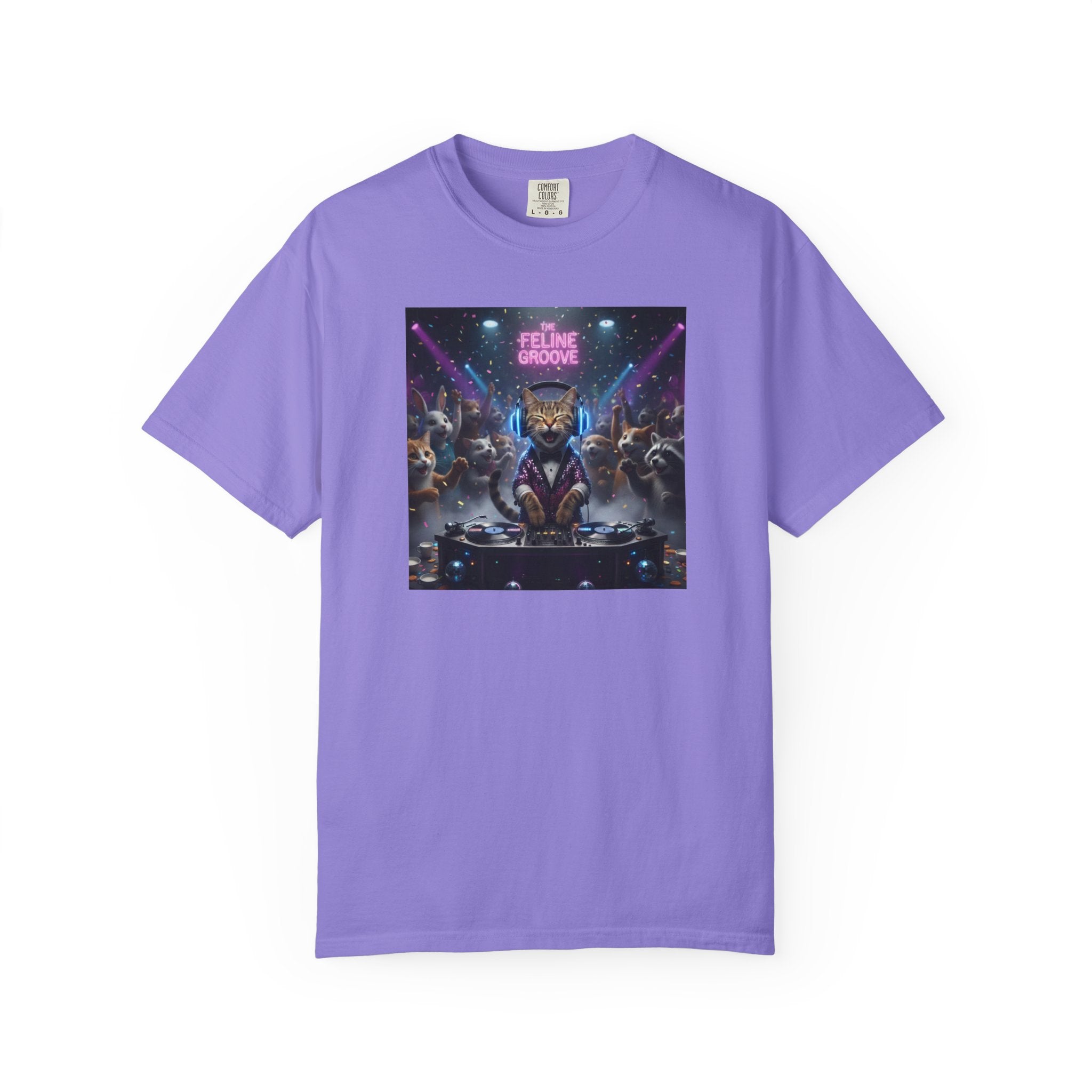 Feline Groove DJ Cat Illustration T-Shirt | Retro Neon Club Scene