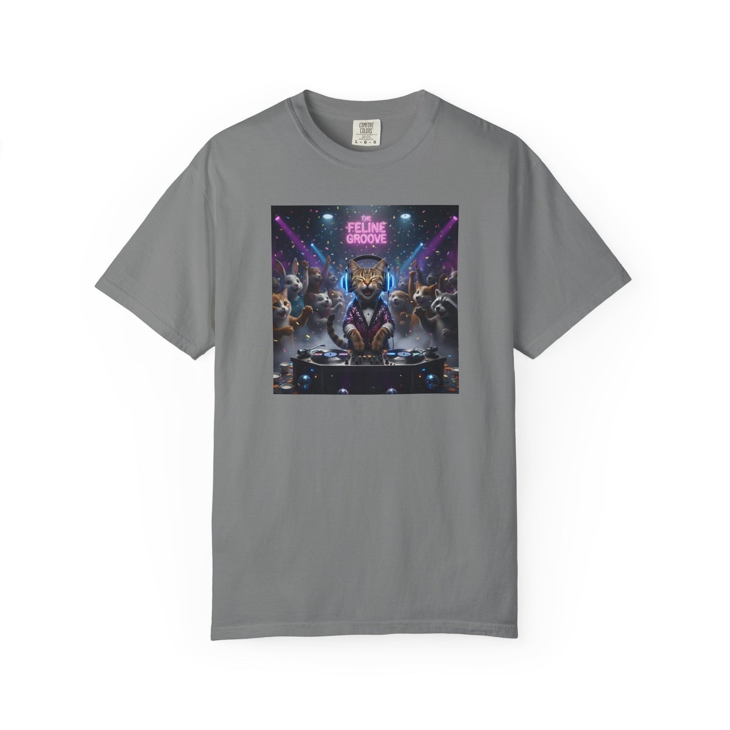 Feline Groove DJ Cat Illustration T-Shirt | Retro Neon Club Scene
