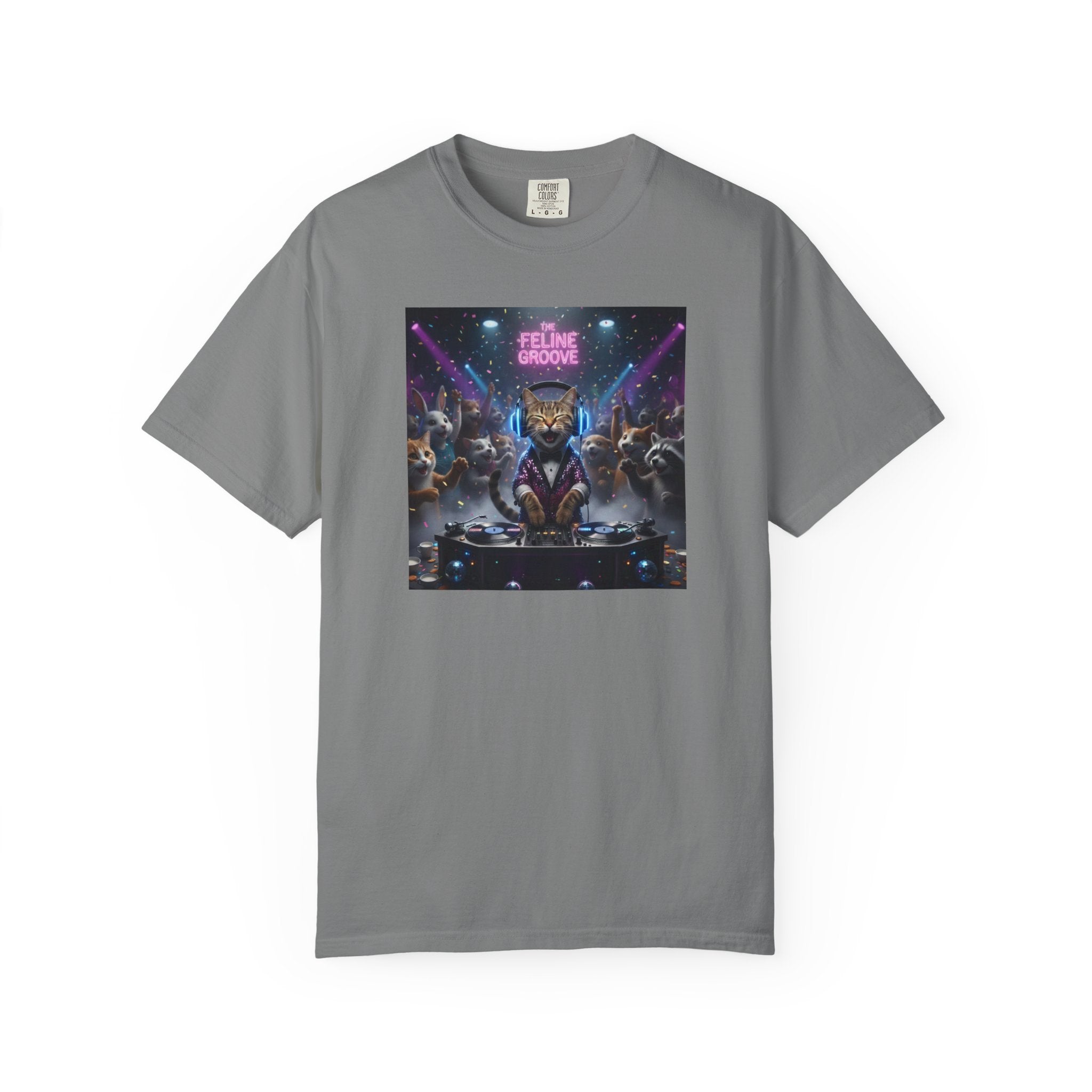 Feline Groove DJ Cat Illustration T-Shirt | Retro Neon Club Scene