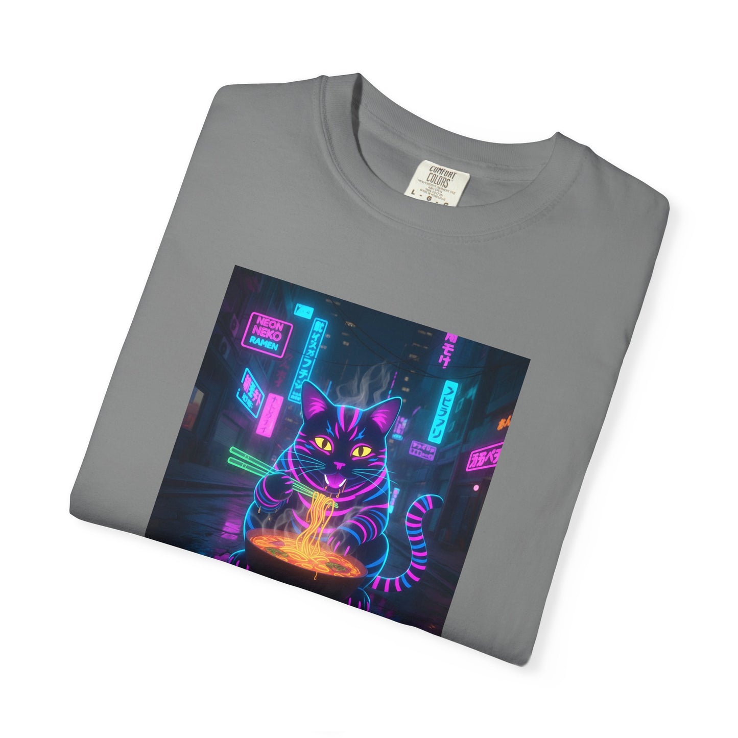 Neon Cyberpunk Cat Mystic Bowl T-shirt | Retro Futuristic Alley Art