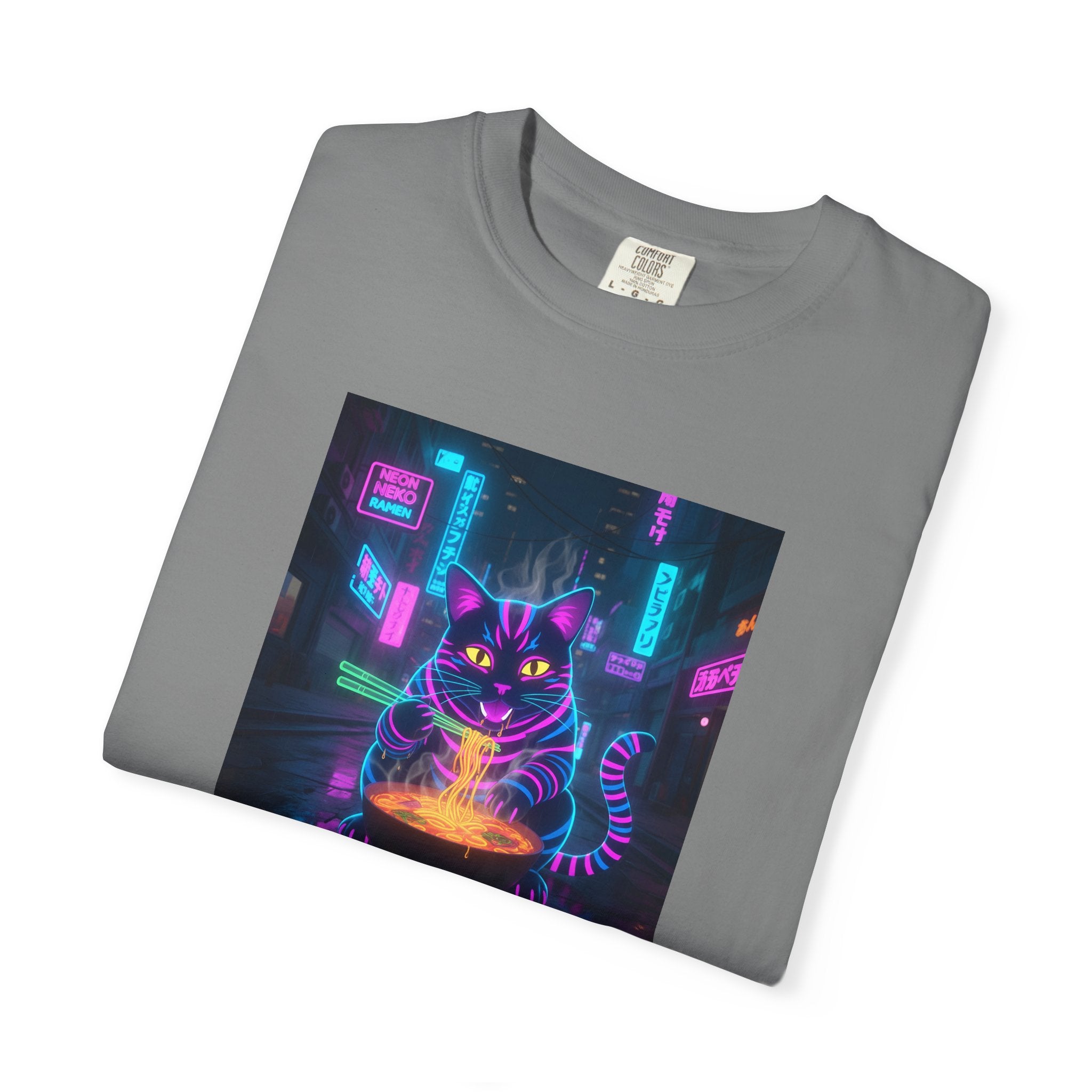 Neon Cyberpunk Cat Mystic Bowl T-shirt | Retro Futuristic Alley Art