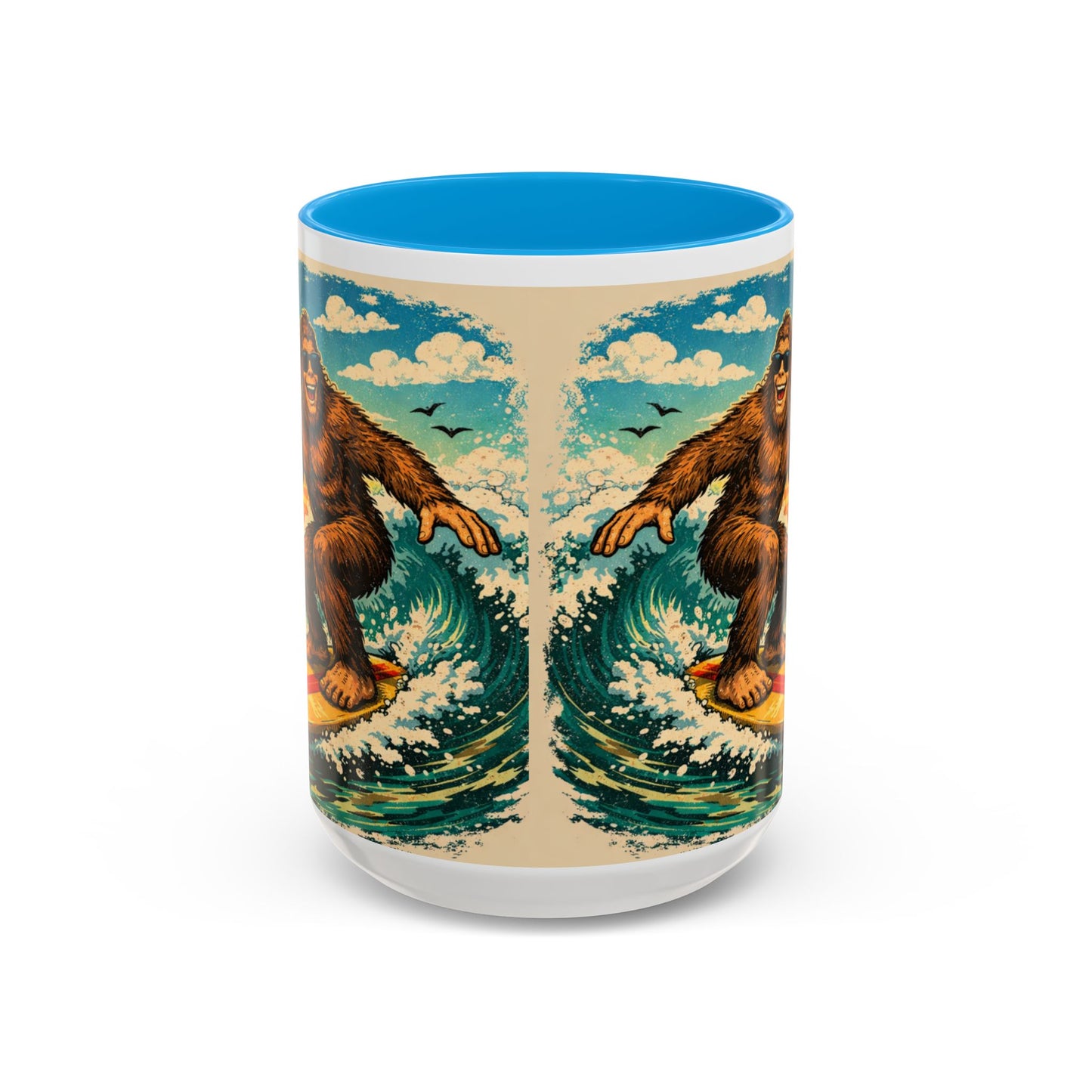 Surfing Bigfoot Mug | Retro Beach Sunset Bigfoot Wave Coffee Cup