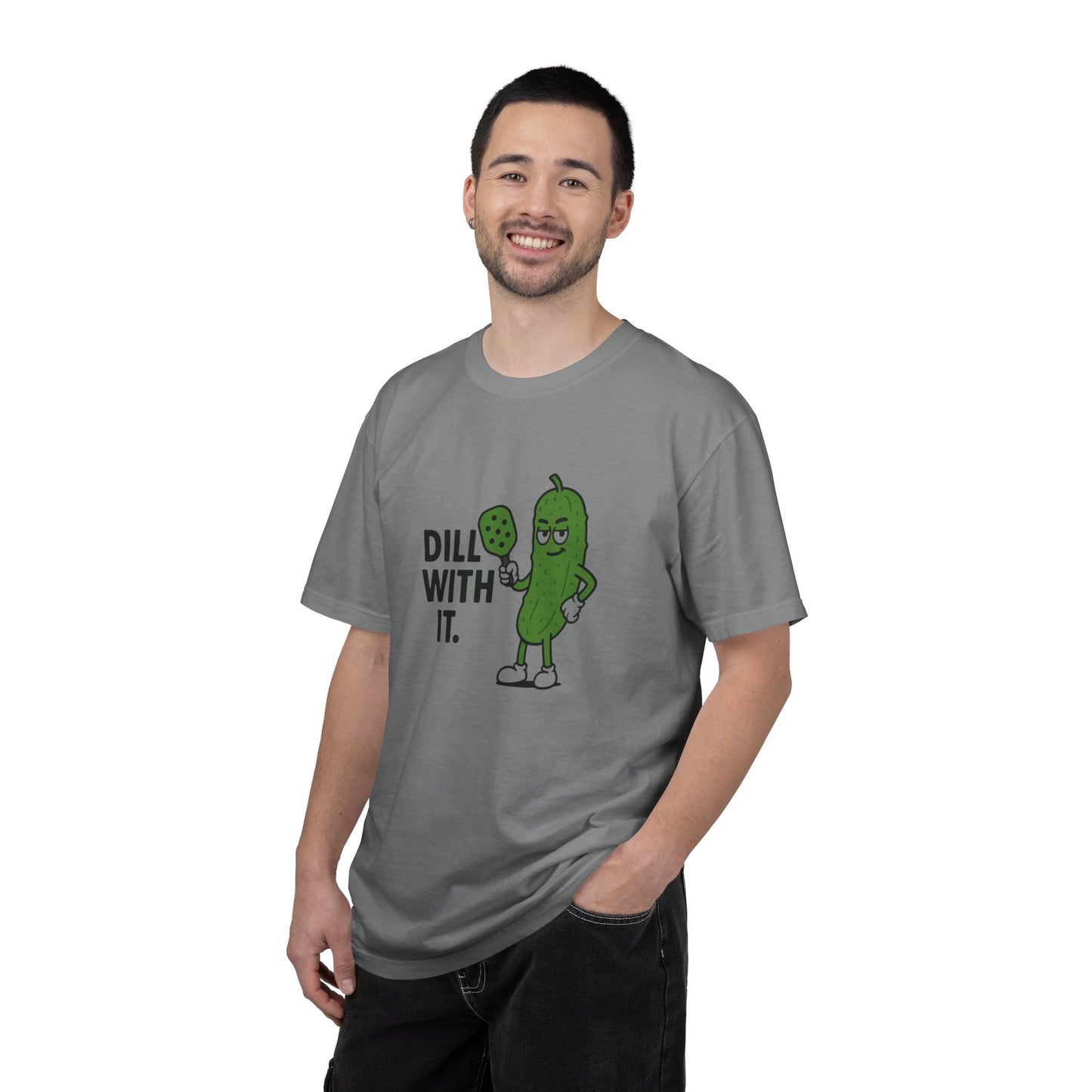 Dill With It Pickle Character T-shirt | Funny Vegan Food Pun Tee