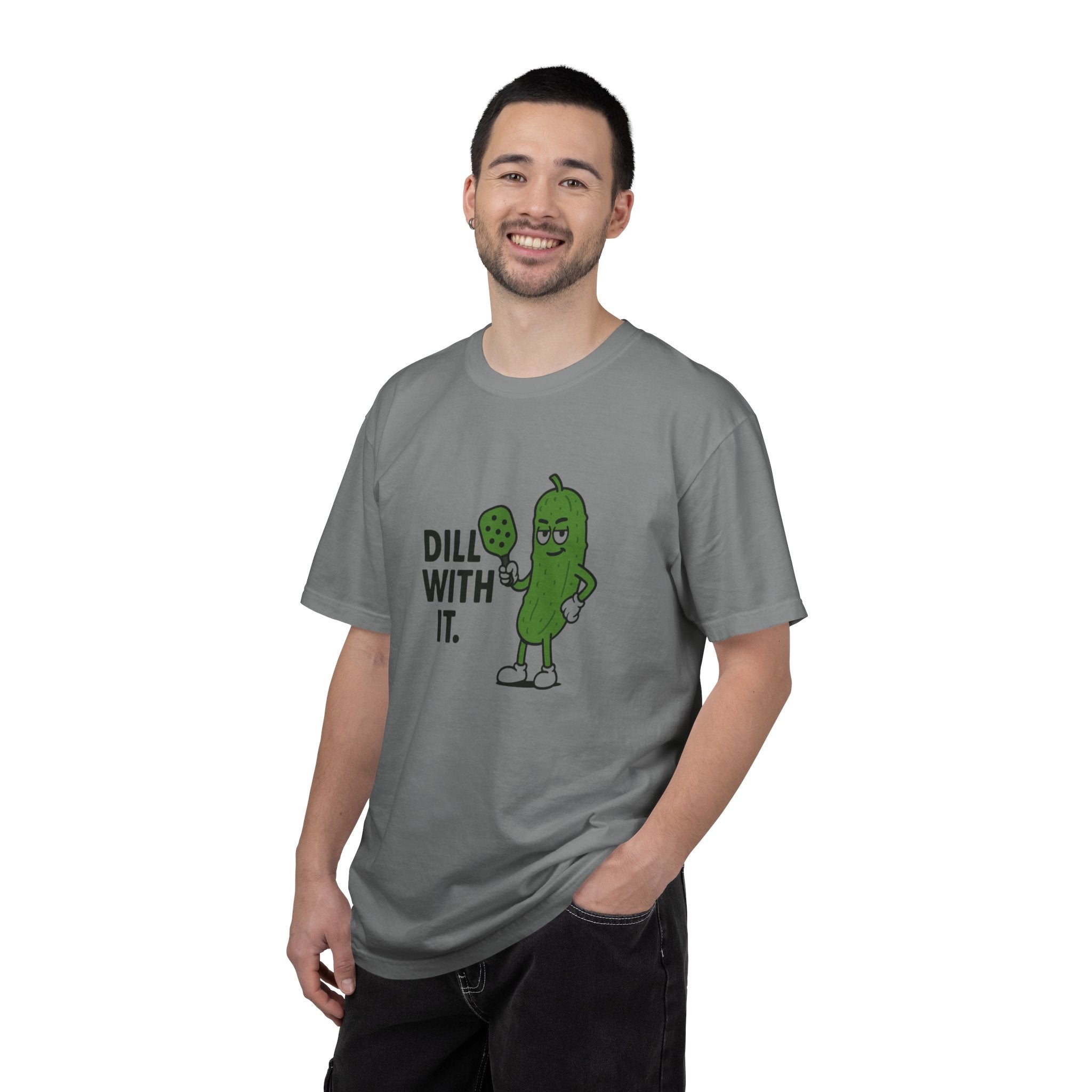 Dill With It Pickle Character T-shirt | Funny Vegan Food Pun Tee