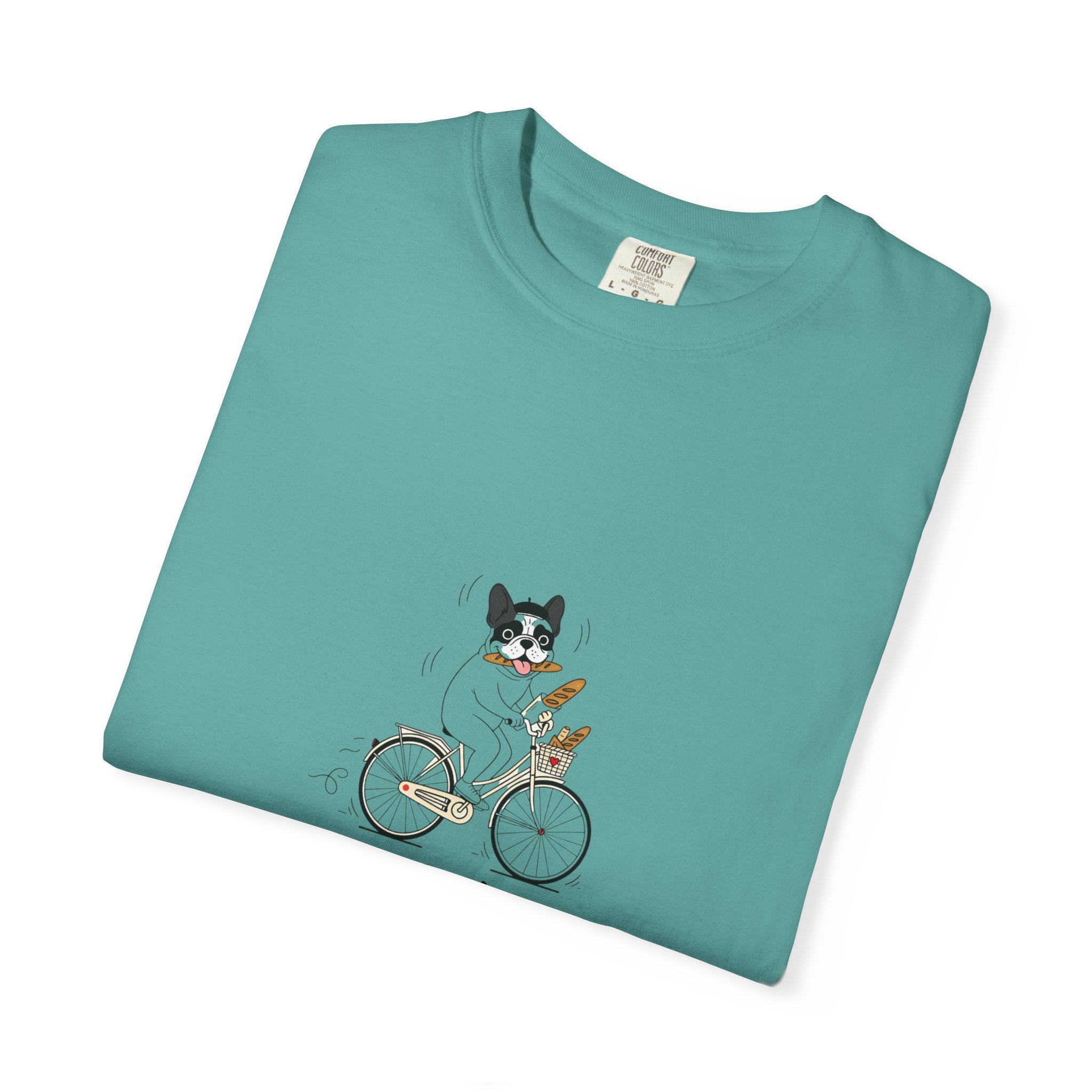 French Bulldog on Bicycle T-shirt | Cute Dog Illustration, 'Oui!' Text