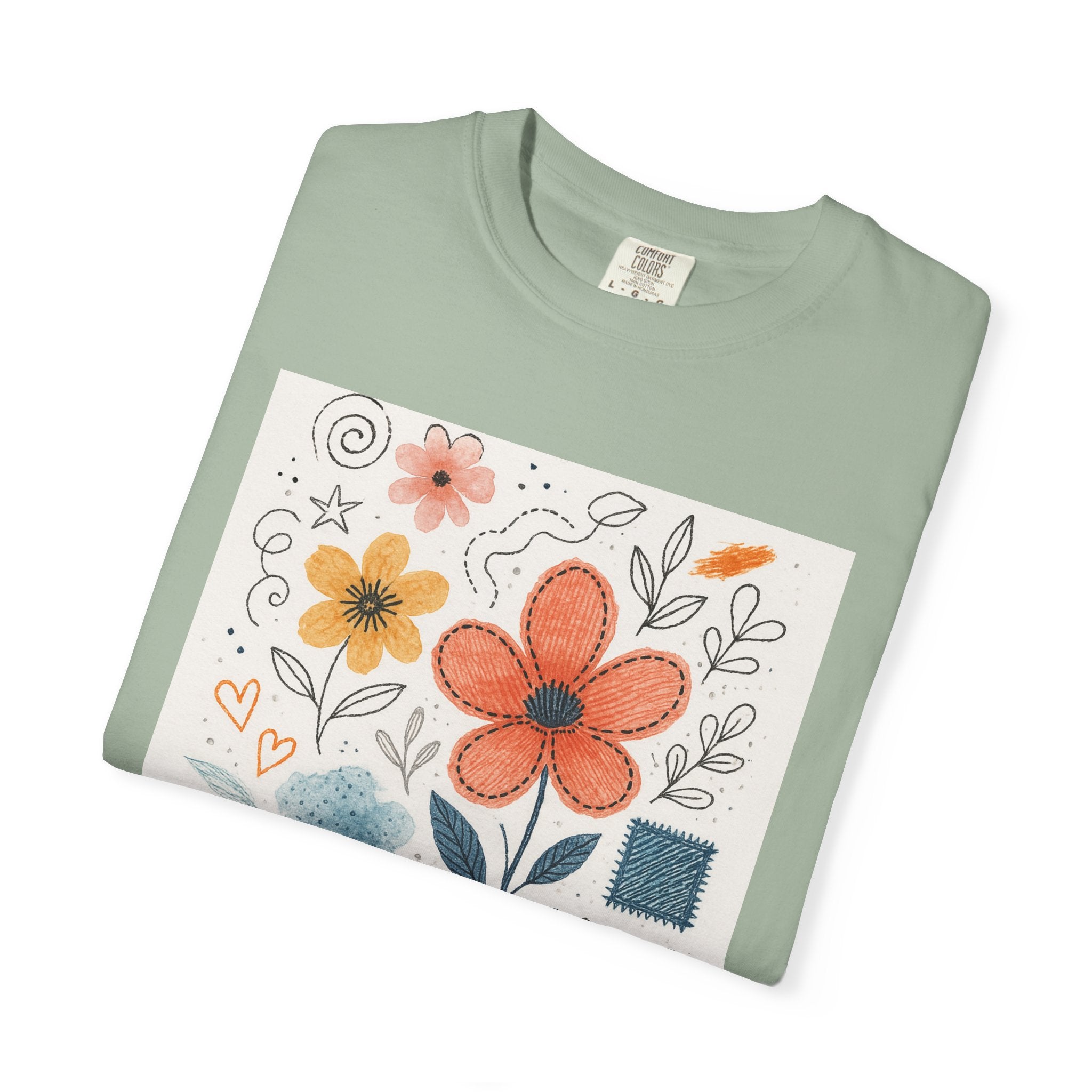 Hand-drawn Watercolor Floral Doodles T-shirt | Linocut & Embroidery Texture