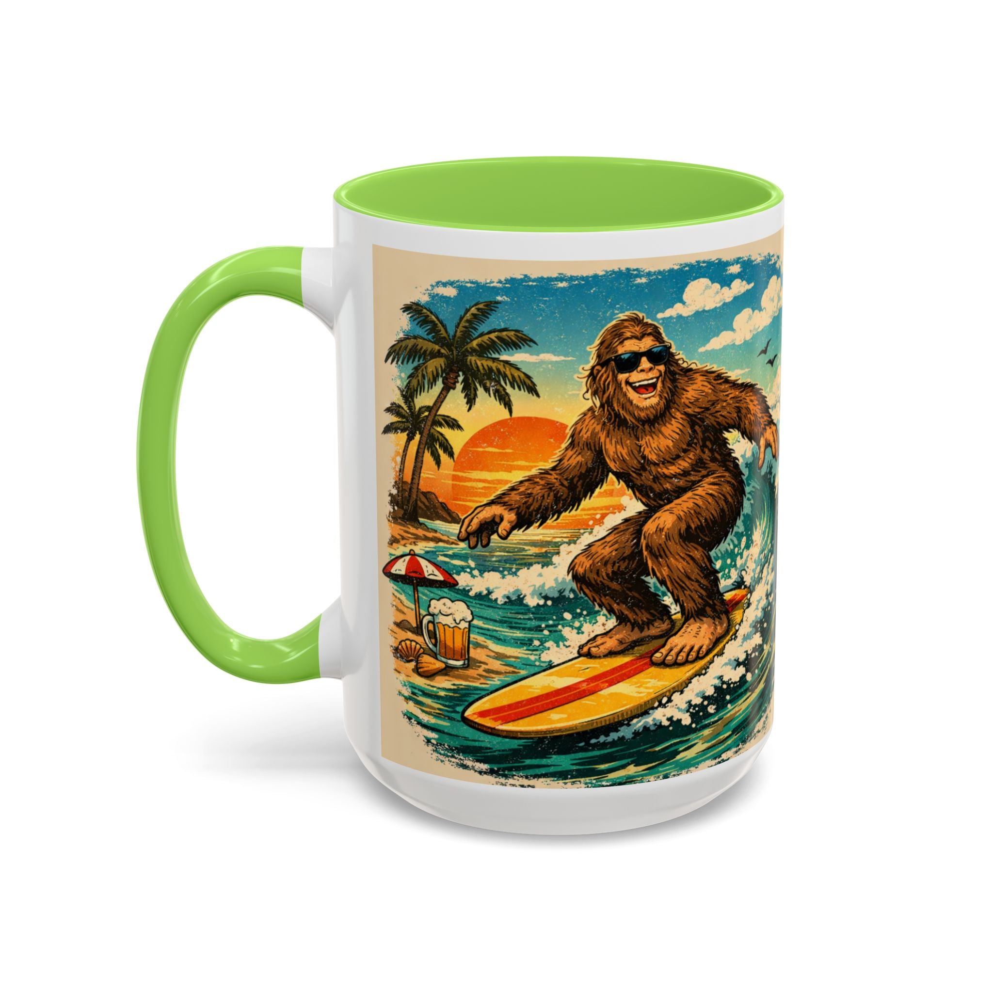 Surfing Bigfoot Mug | Retro Beach Sunset Bigfoot Wave Coffee Cup