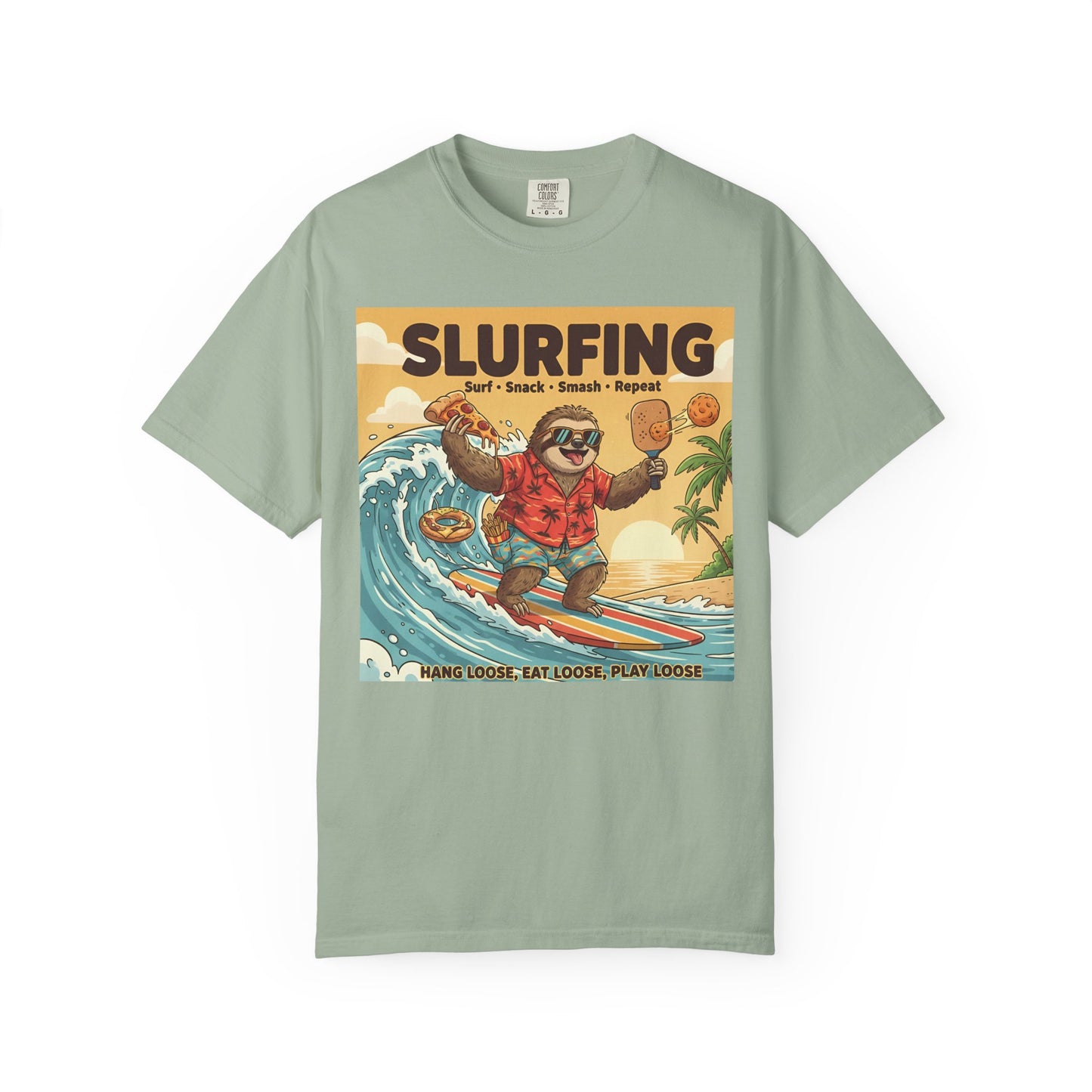 Slurfing Surfing Sloth T-Shirt | Retro Beach Wave Illustration